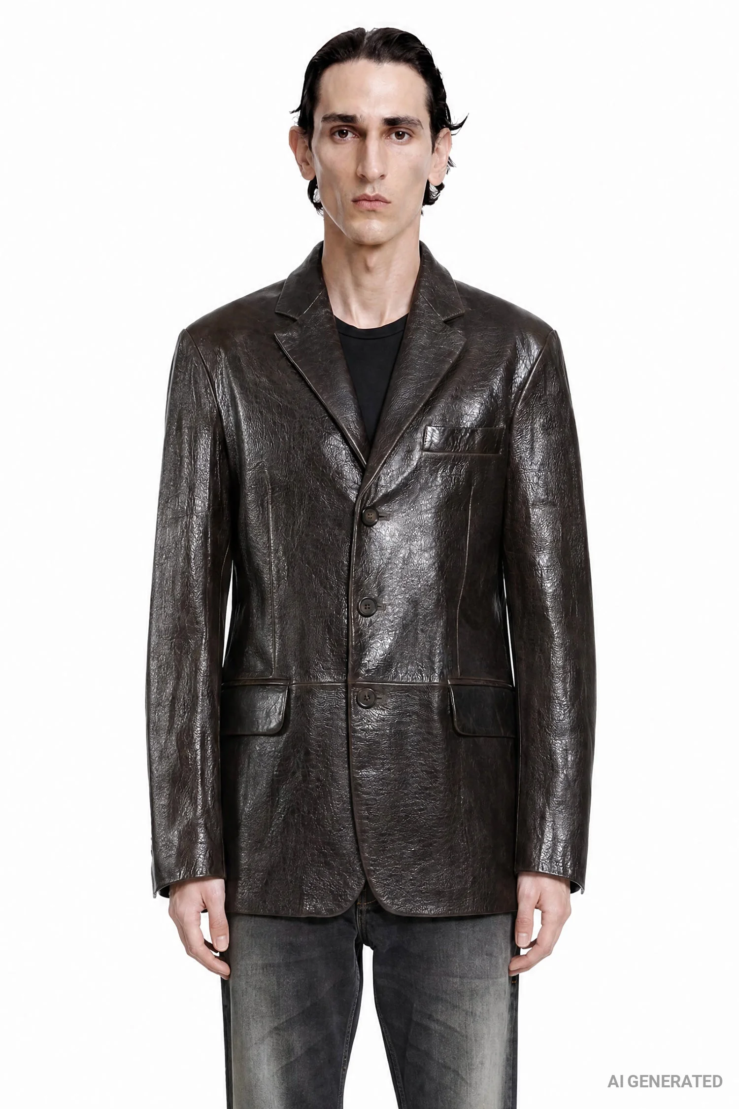 Shiny Drummed Leather Blazer - 1