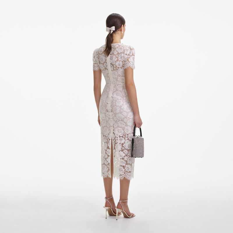 self-portrait Cream Fine Lace Pearl Midi Dress - SS25-146M-W | REVERSIBLE