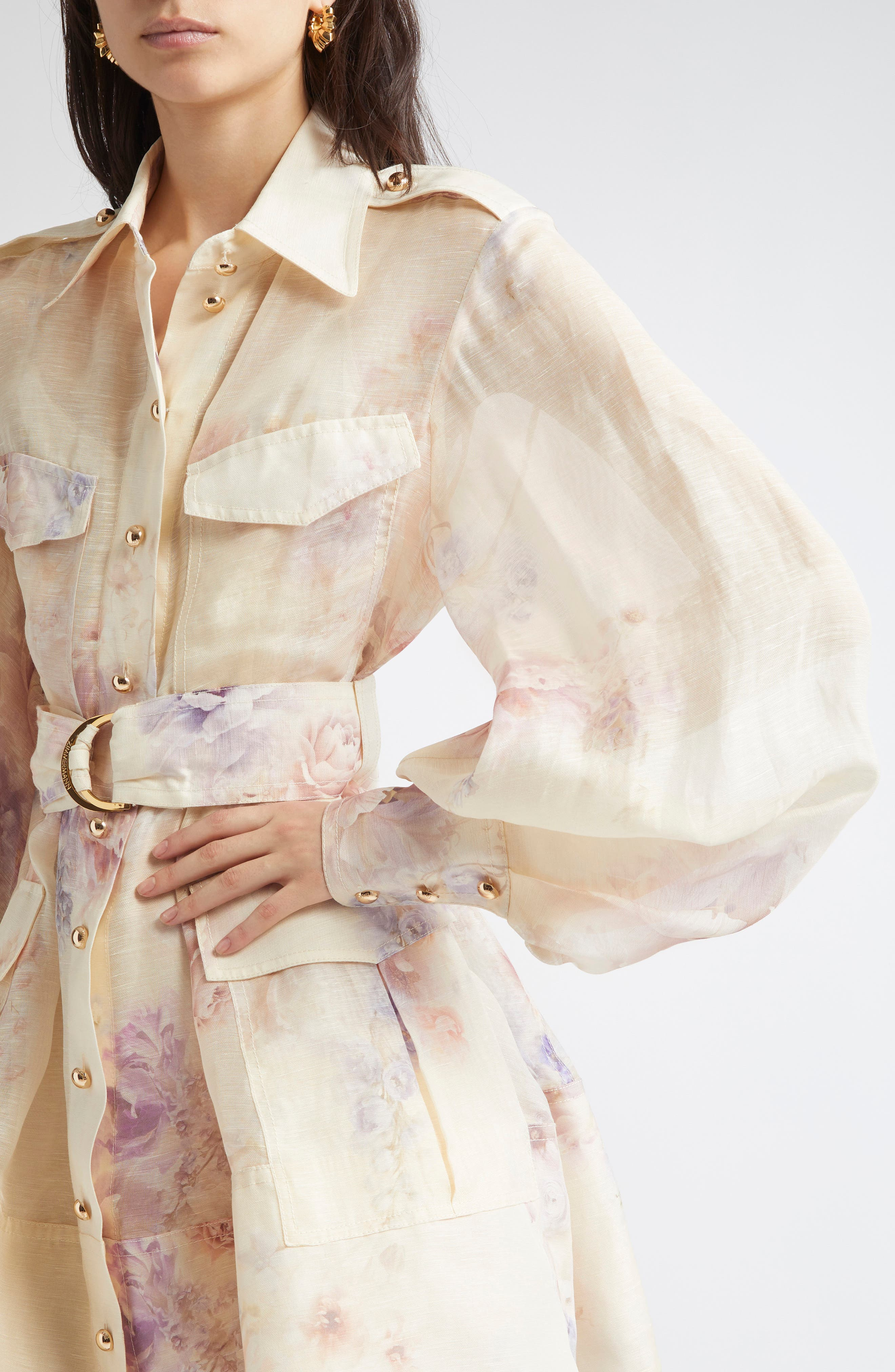 Zimmermann Hypnotic Floral Print Long Sleeve Organza Shirtdress in Cream Floral at Nordstrom - 4