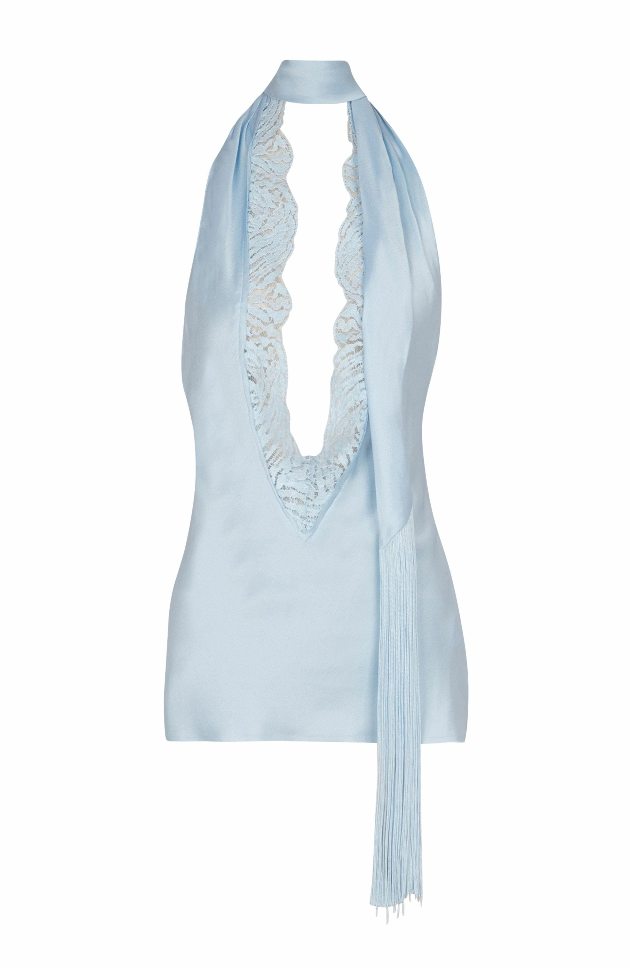 Balmain Backless crepe satin top with fringe in Blue at Nordstrom - 5