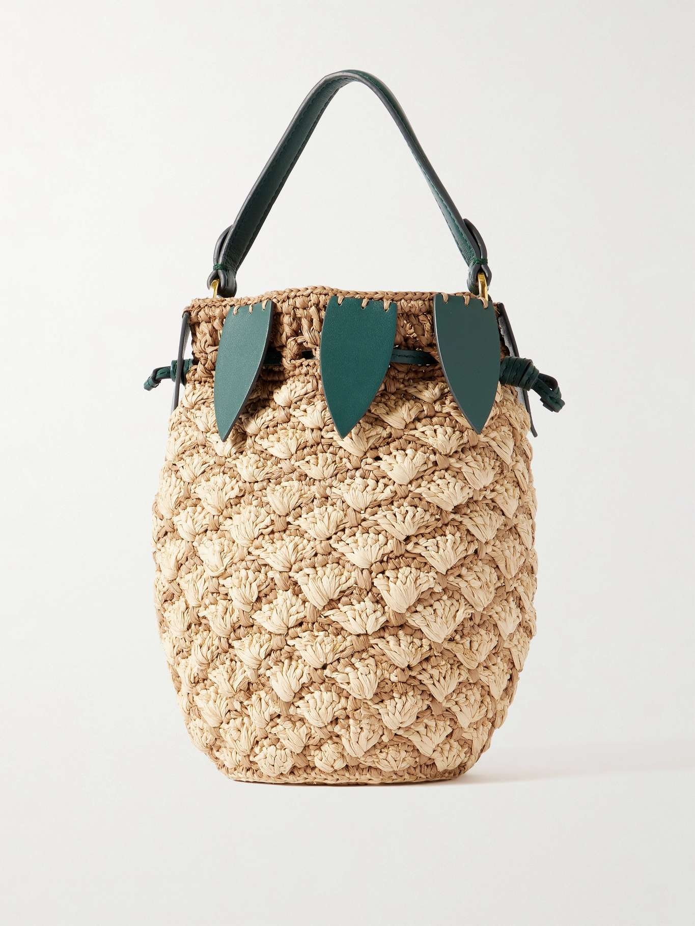 Pineapple leather-trimmed raffia bucket bag Neutral - 3