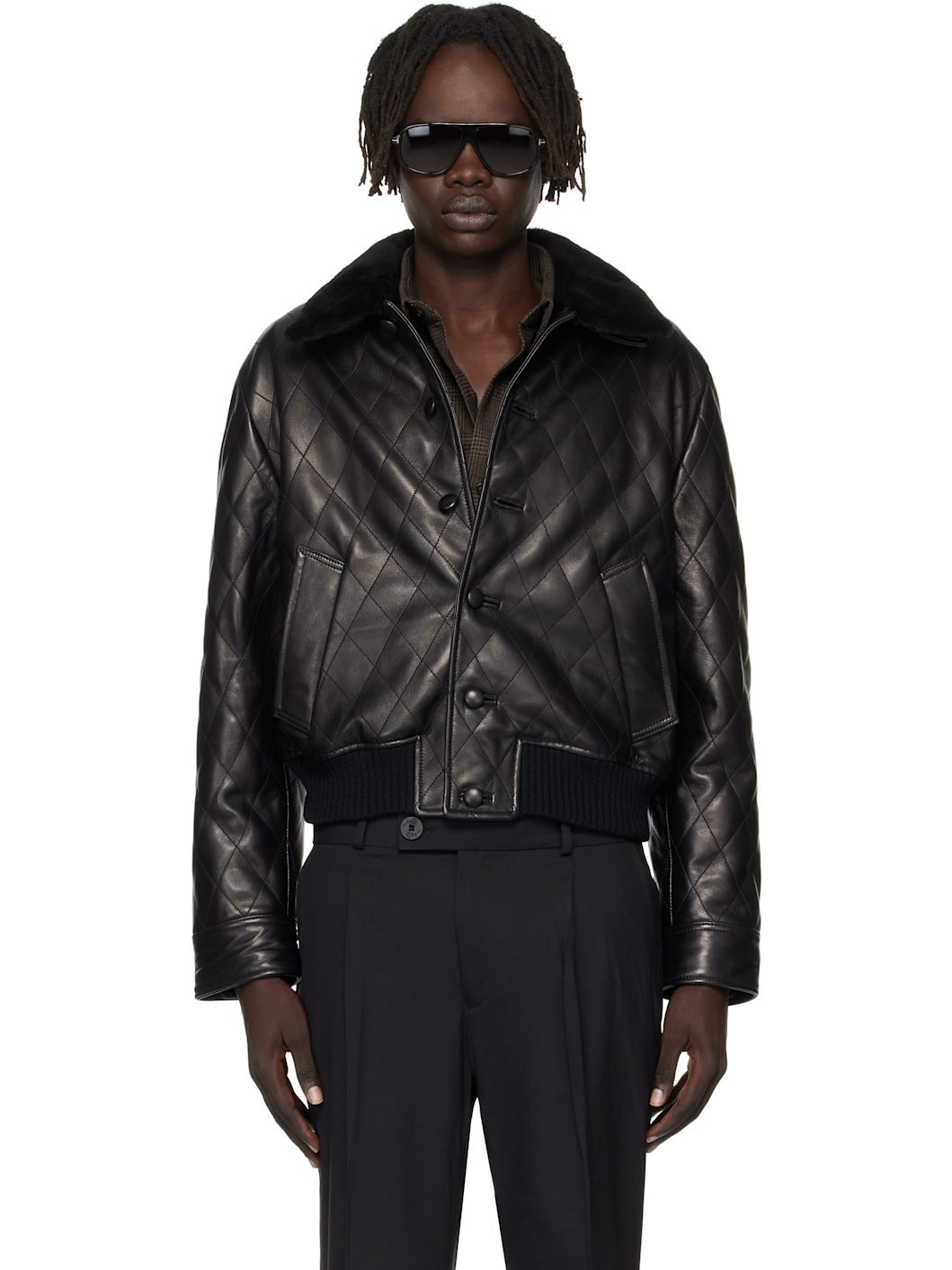 Black Quilted Leather Bomber Jacket - 1