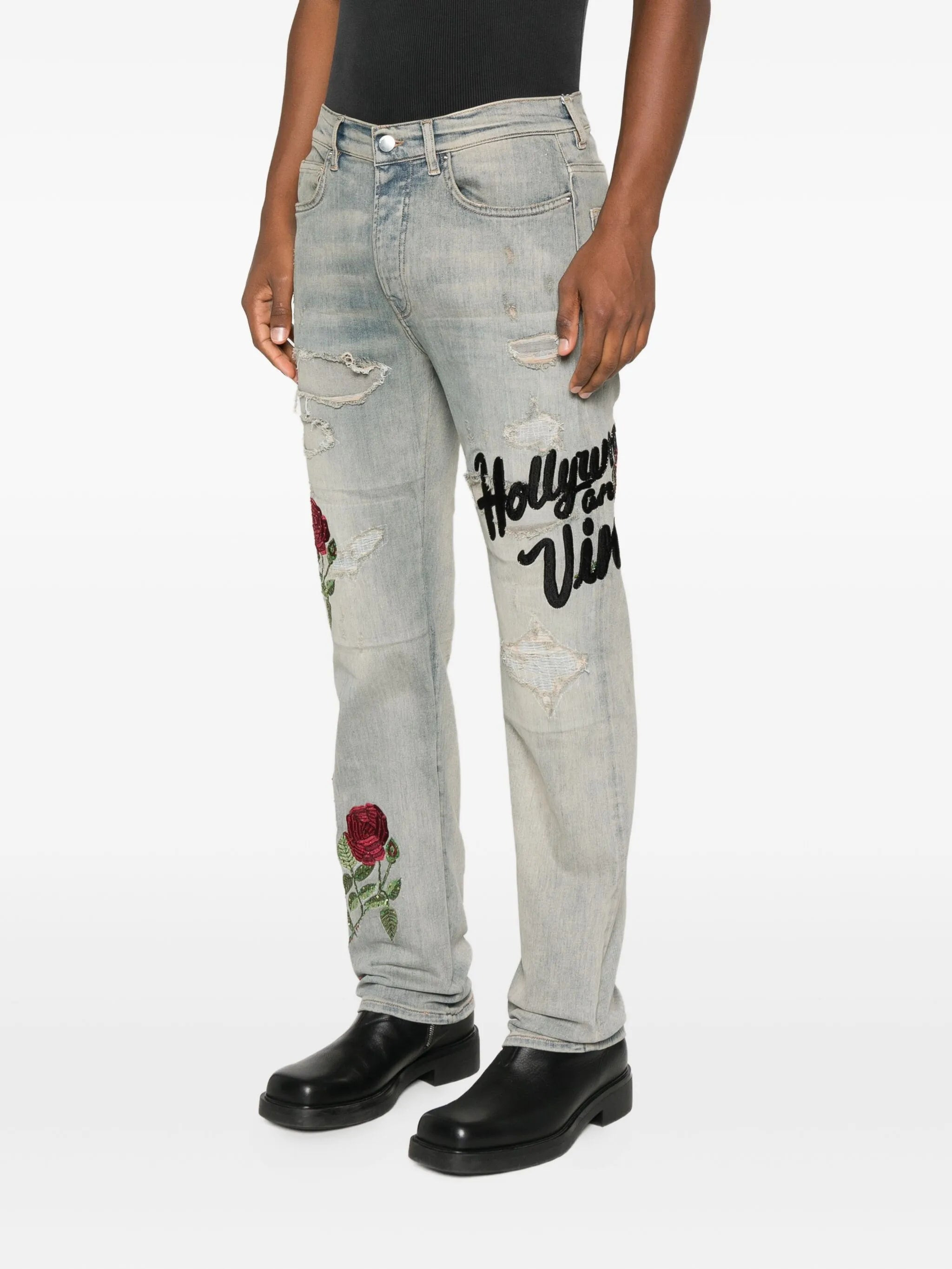 Amiri Rose-embroidered Distressed Jeans - 4