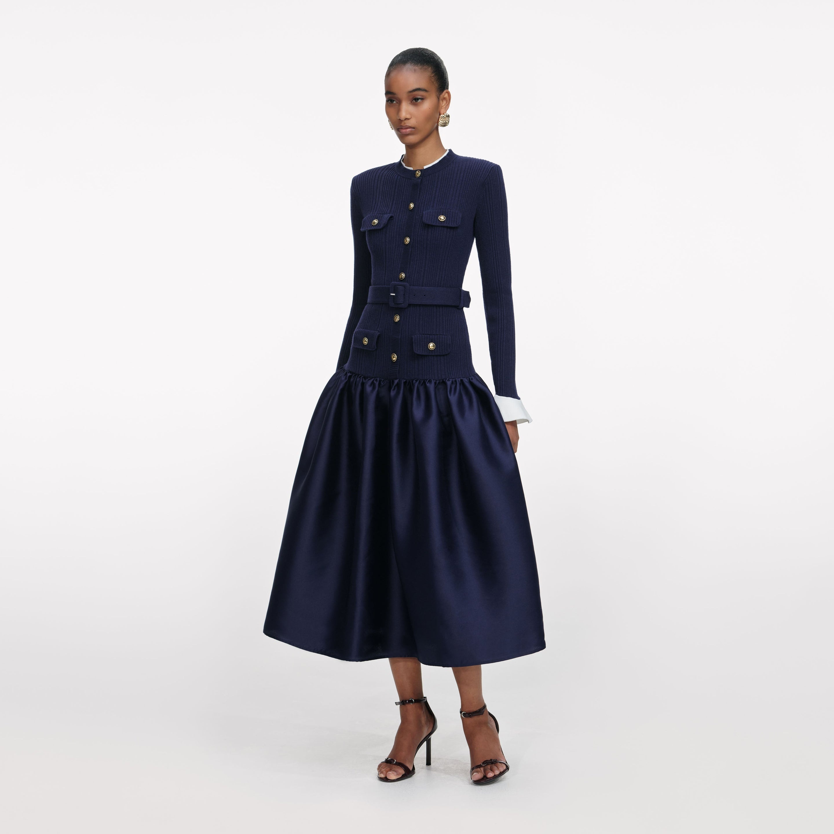 Navy Knit Taffeta Midi Dress - 2