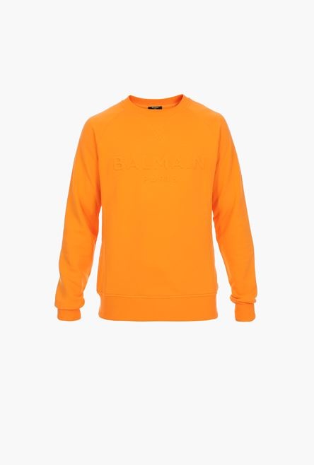 Orange cotton sweatshirt with embossed orange Balmain Paris logo - 1