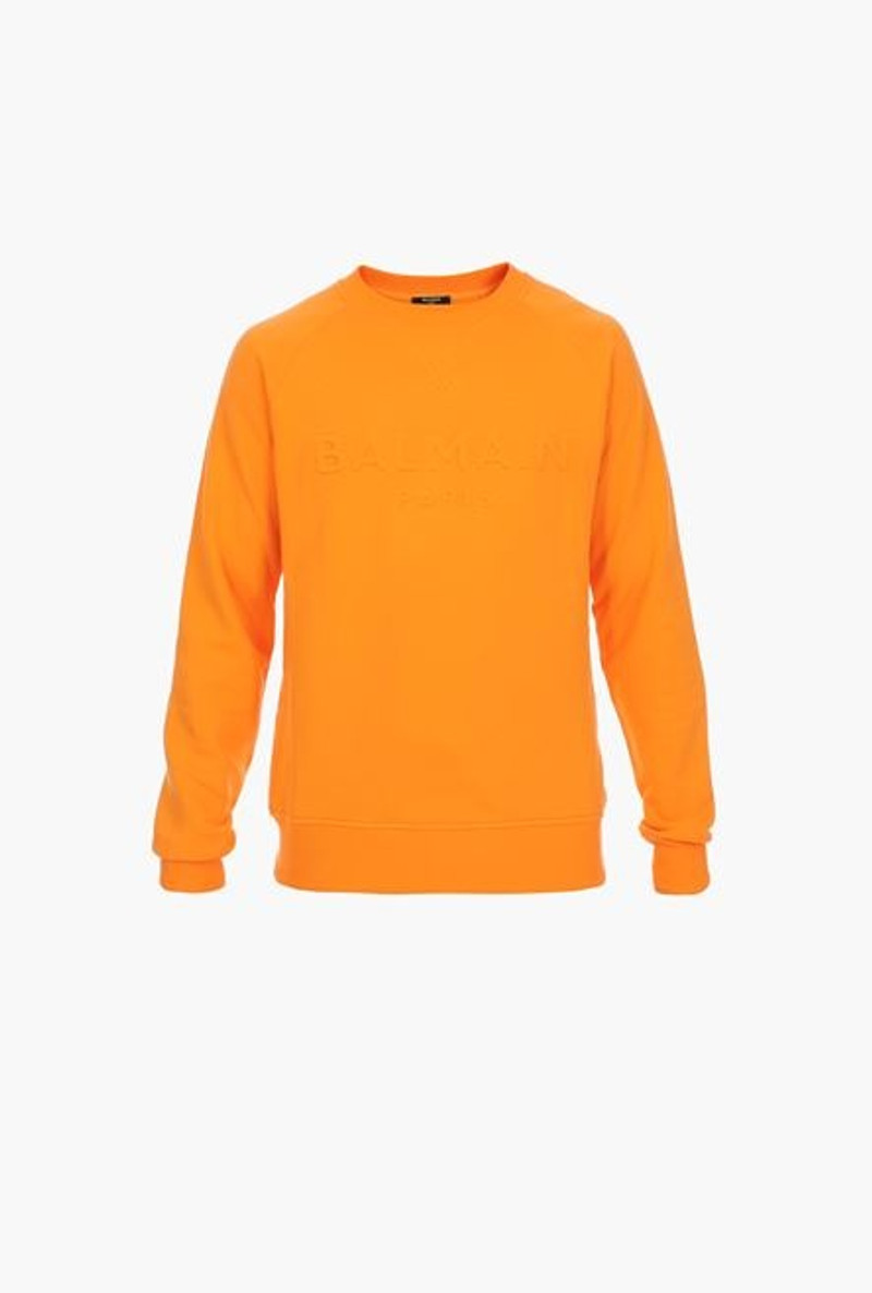 Orange cotton sweatshirt with embossed orange Balmain Paris logo 1