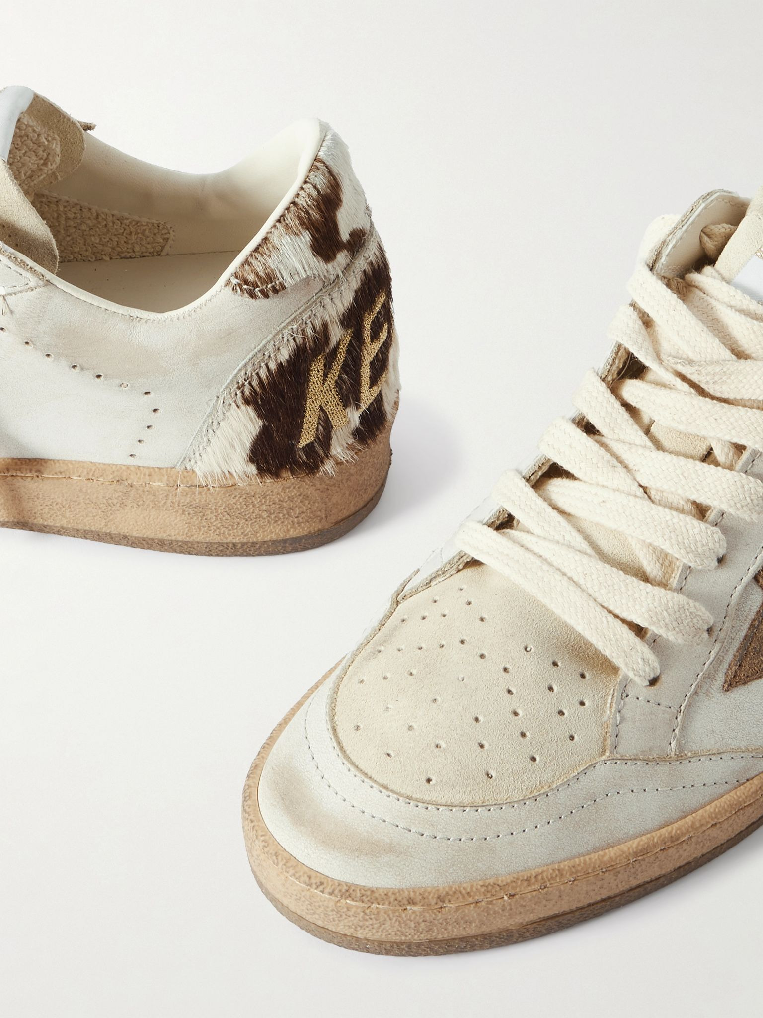 Ball Star calf hair and suede-trimmed distressed leather sneakers White - 4