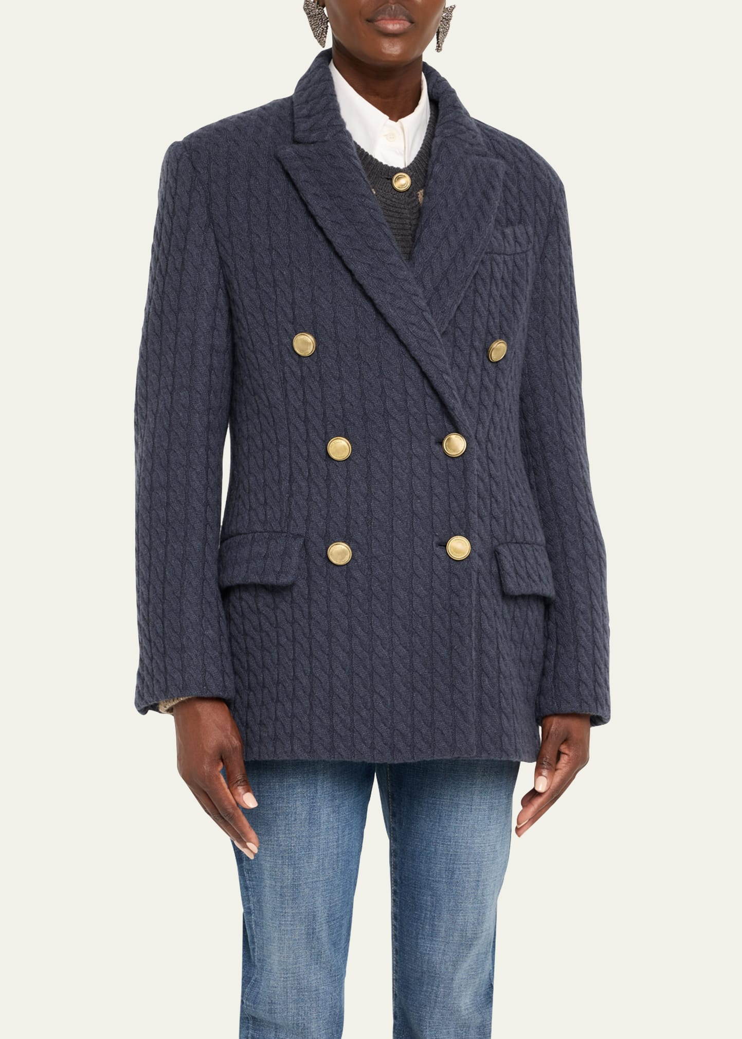 Cashmere Cable Knit Double-Breasted Blazer - 4