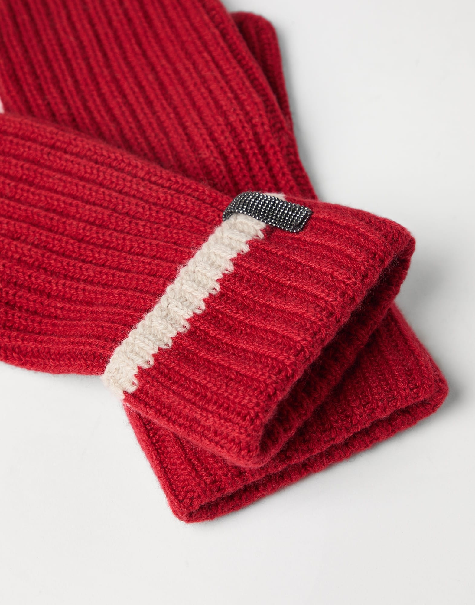 Cashmere English rib knit mittens with monili - 2