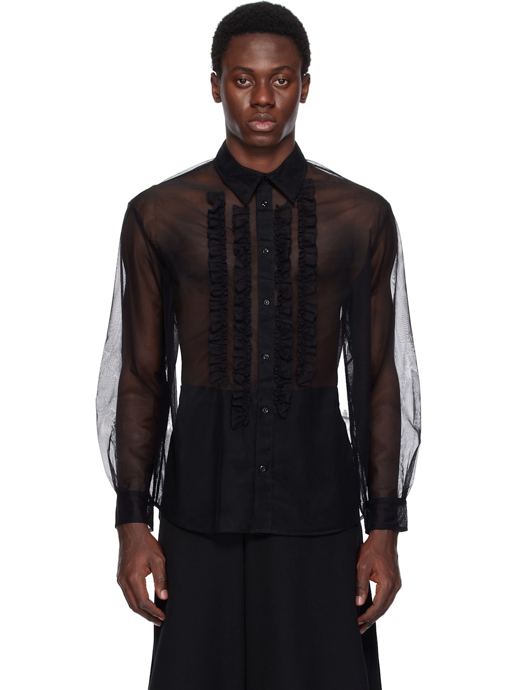 Black Sheer Ruffle Bib Prom Shirt - 1