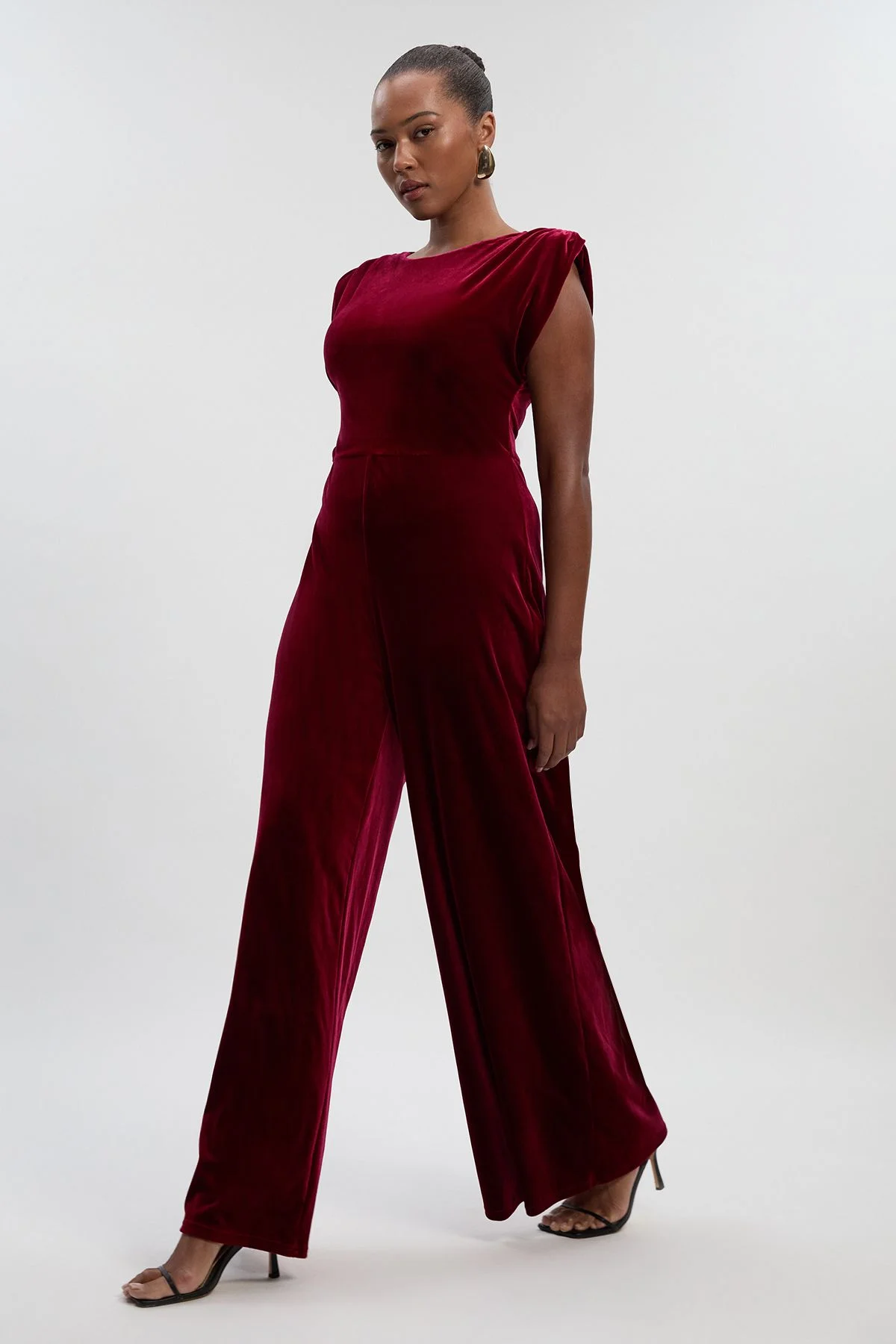 Plus Size Stretch Velvet Strong Shoulder Jumpsuit - 1