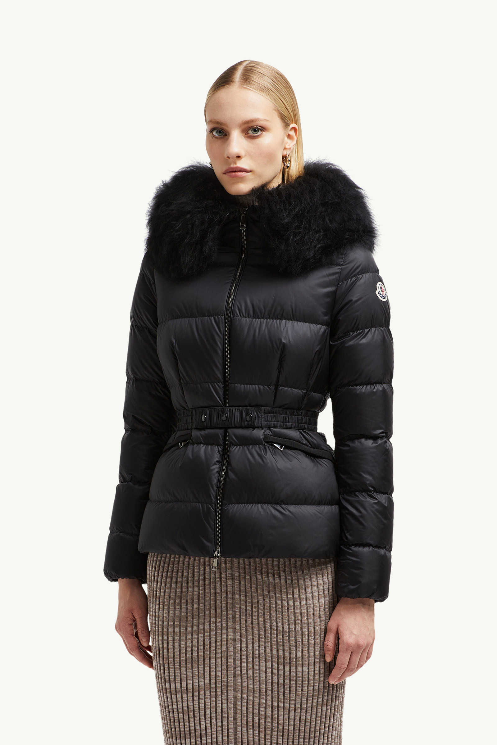 Moncler Boed Hooded Shearling-Trimmed Short Down Jacket