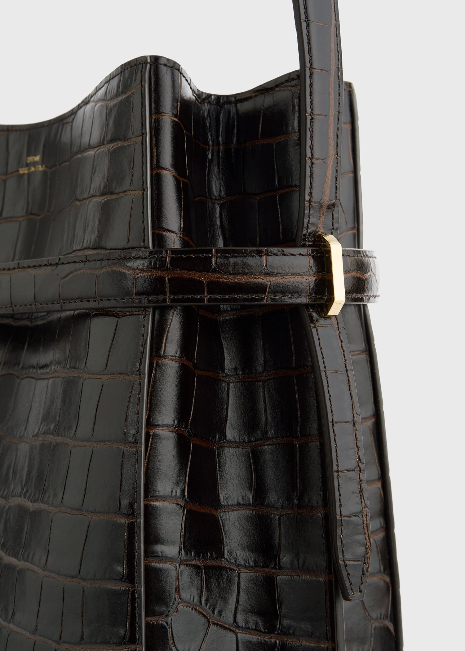 Belted croco-embossed bucket bag dark brown - 5
