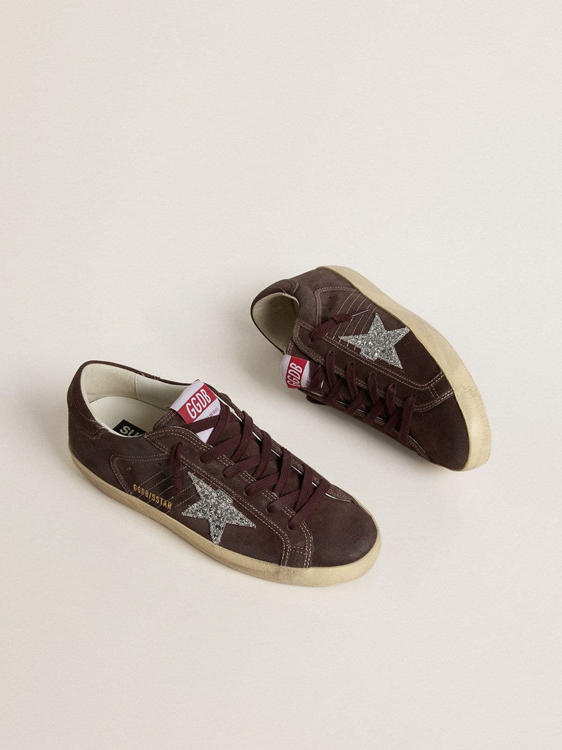 Golden Goose Women's Super-Star in brown suede with silver glitter star outlook