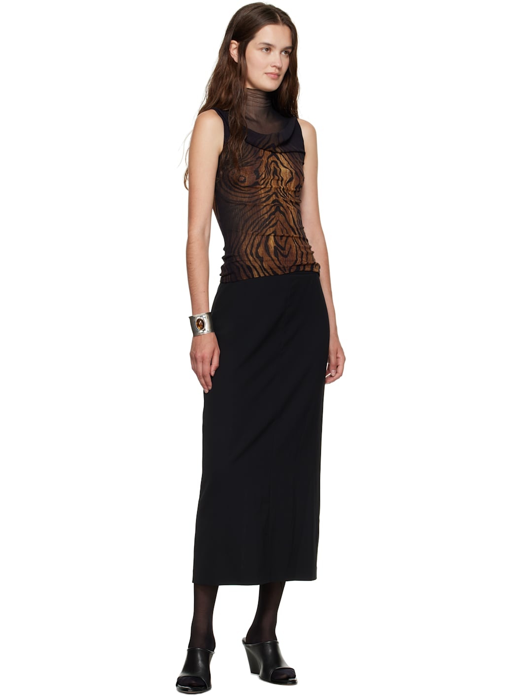 Black & Brown Double Layered Printed Wood Tank Top - 4