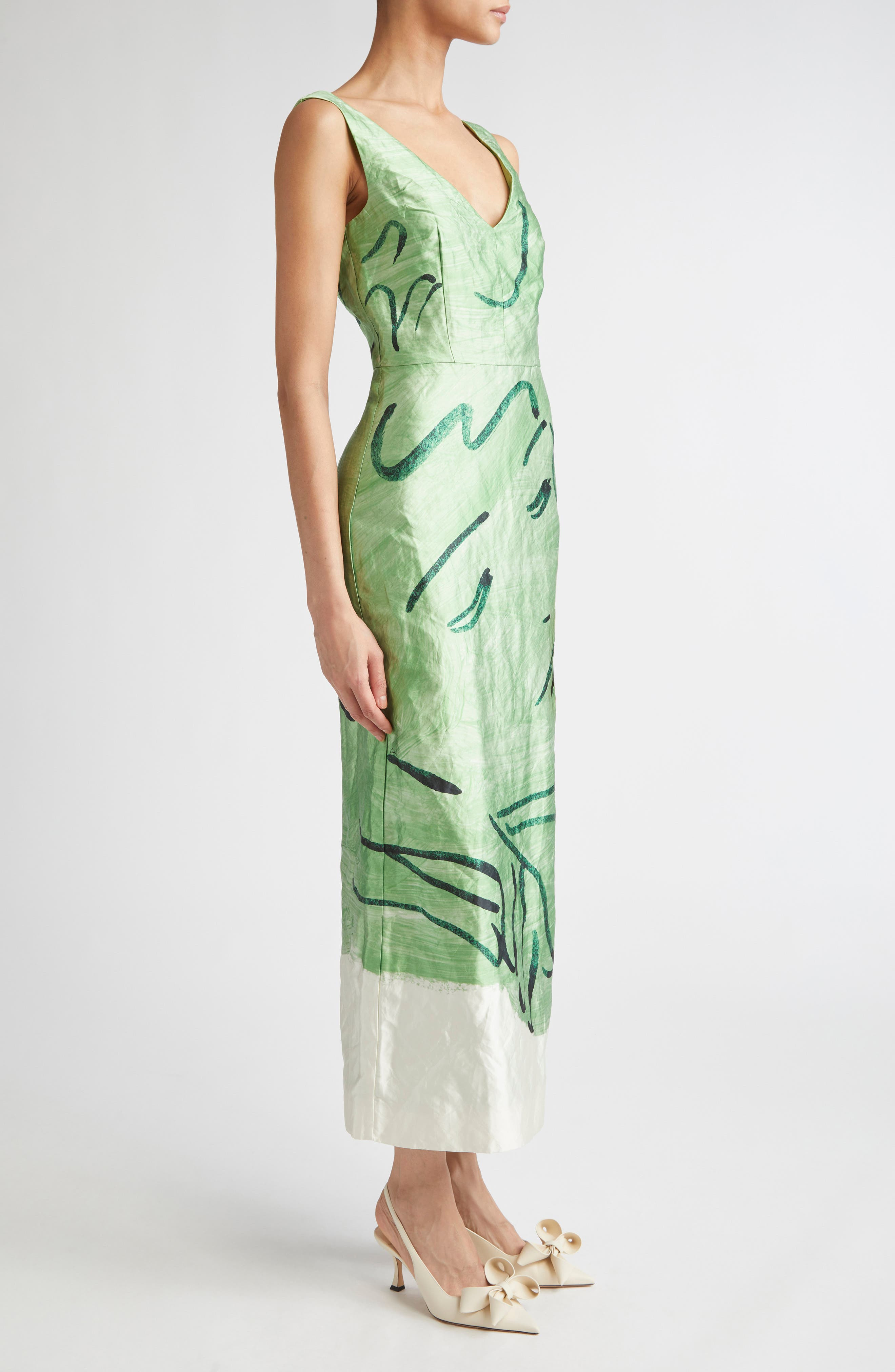Erdem Sleeveless Crinkled Metallic Satin Cocktail Dress in Abstract Dreamer Clover Green at Nordstro - 3