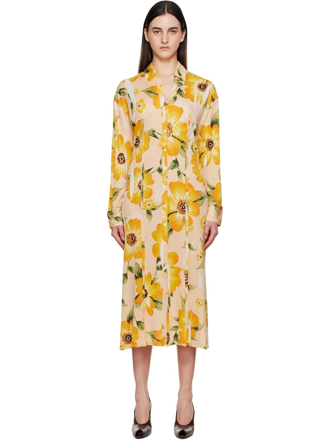 Orange Button-Up Printed Midi Dress - 1
