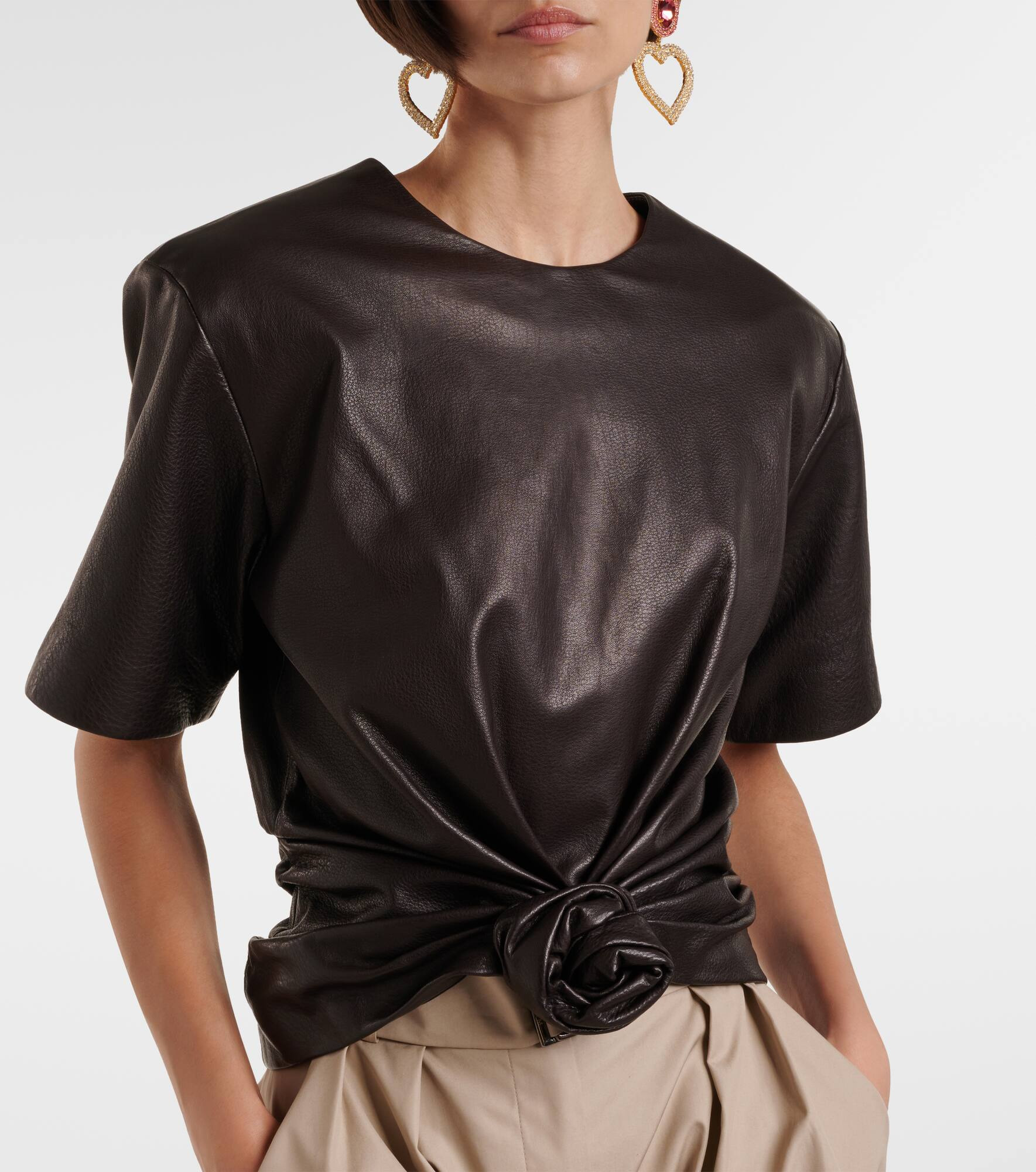 Knot-detail leather T-shirt - 4