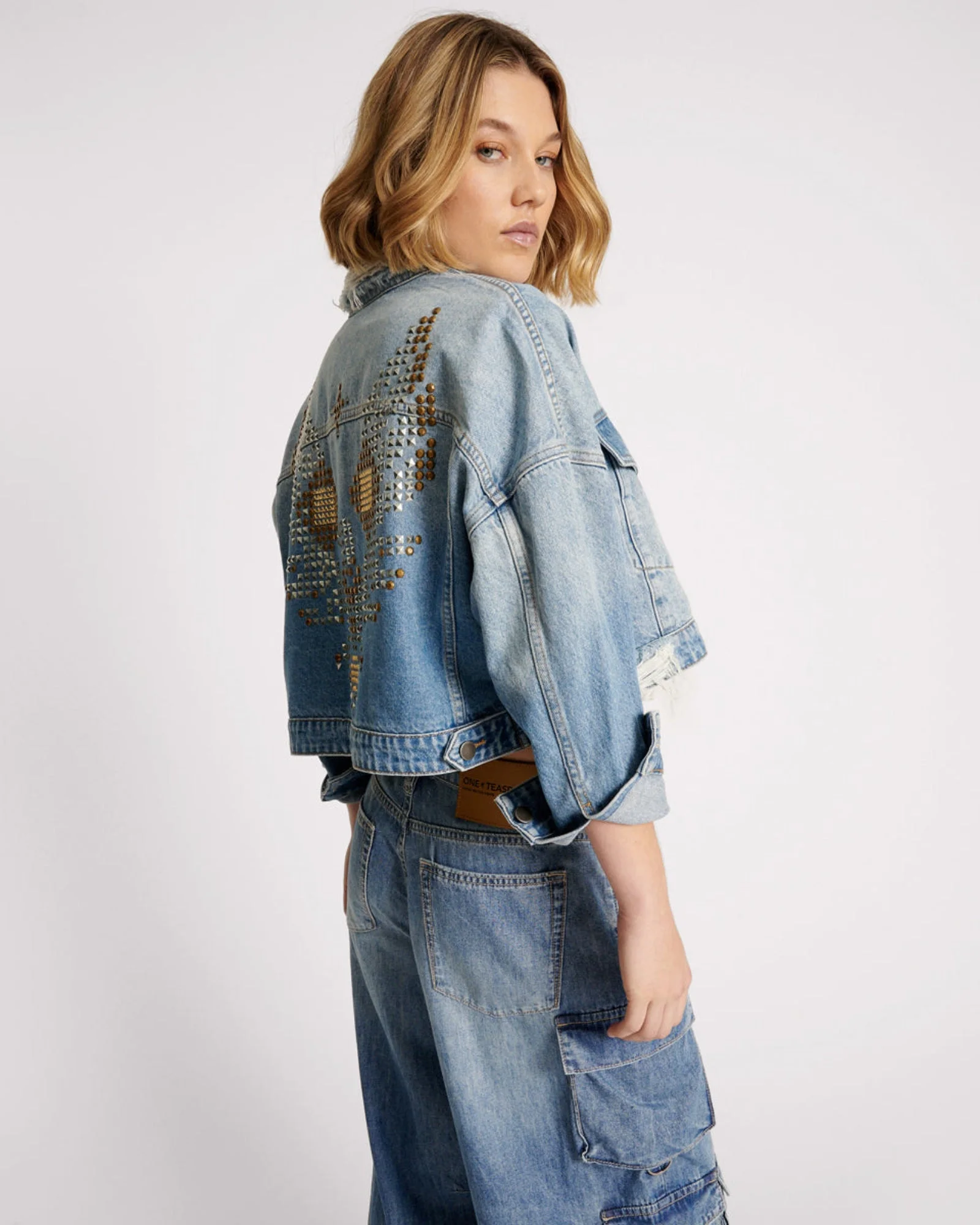 Studded Cropped Denim Jacket - Faded Blue - 1