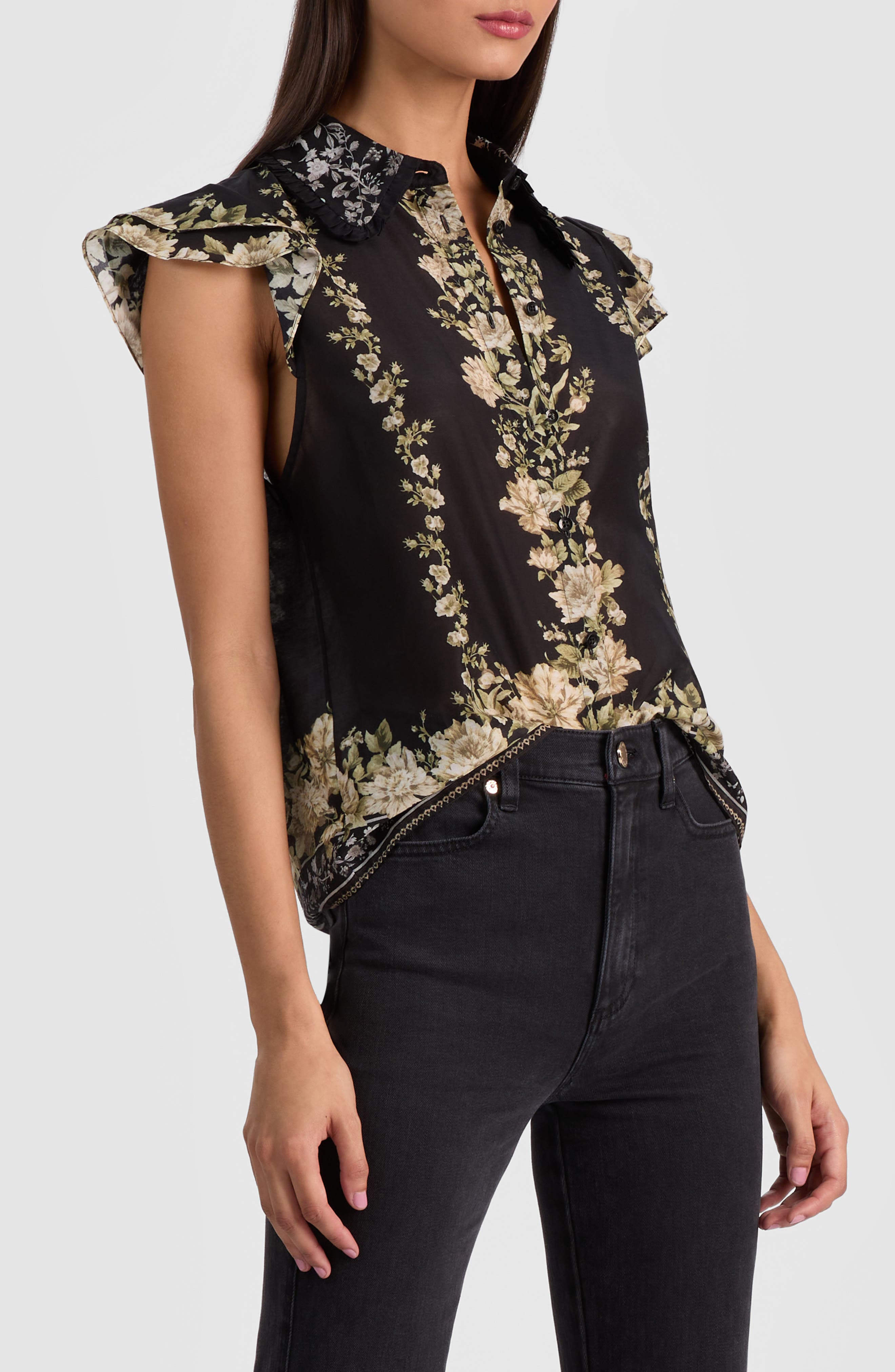 Alice + Olivia Martel Flutter Sleeve Cotton & Silk Button-Up Top in Free Falling at Nordstrom - 3