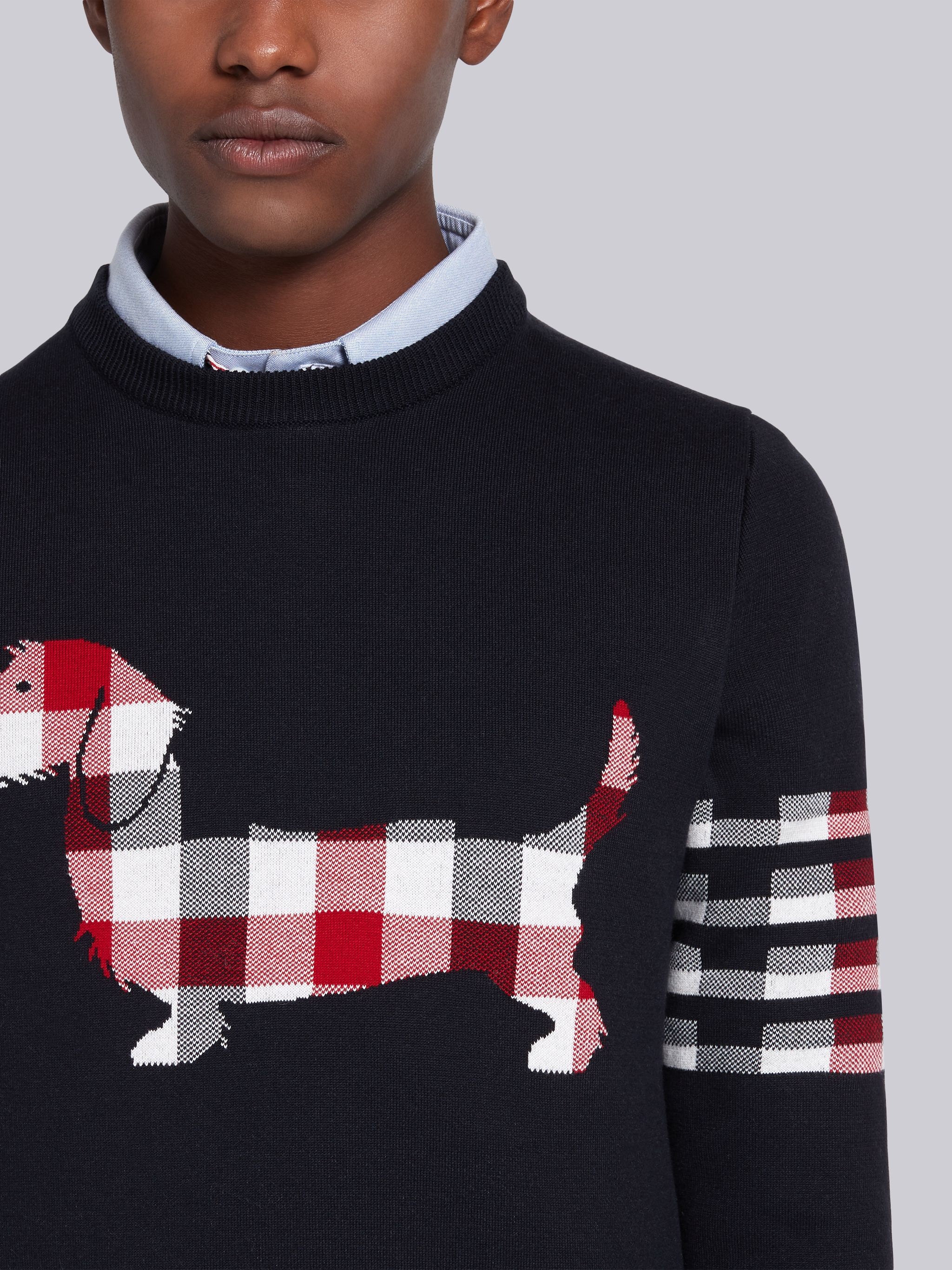 Navy Cotton Crepe Buffalo Check Jacquard Hector Icon Crewneck 4-Bar Pullover - 5