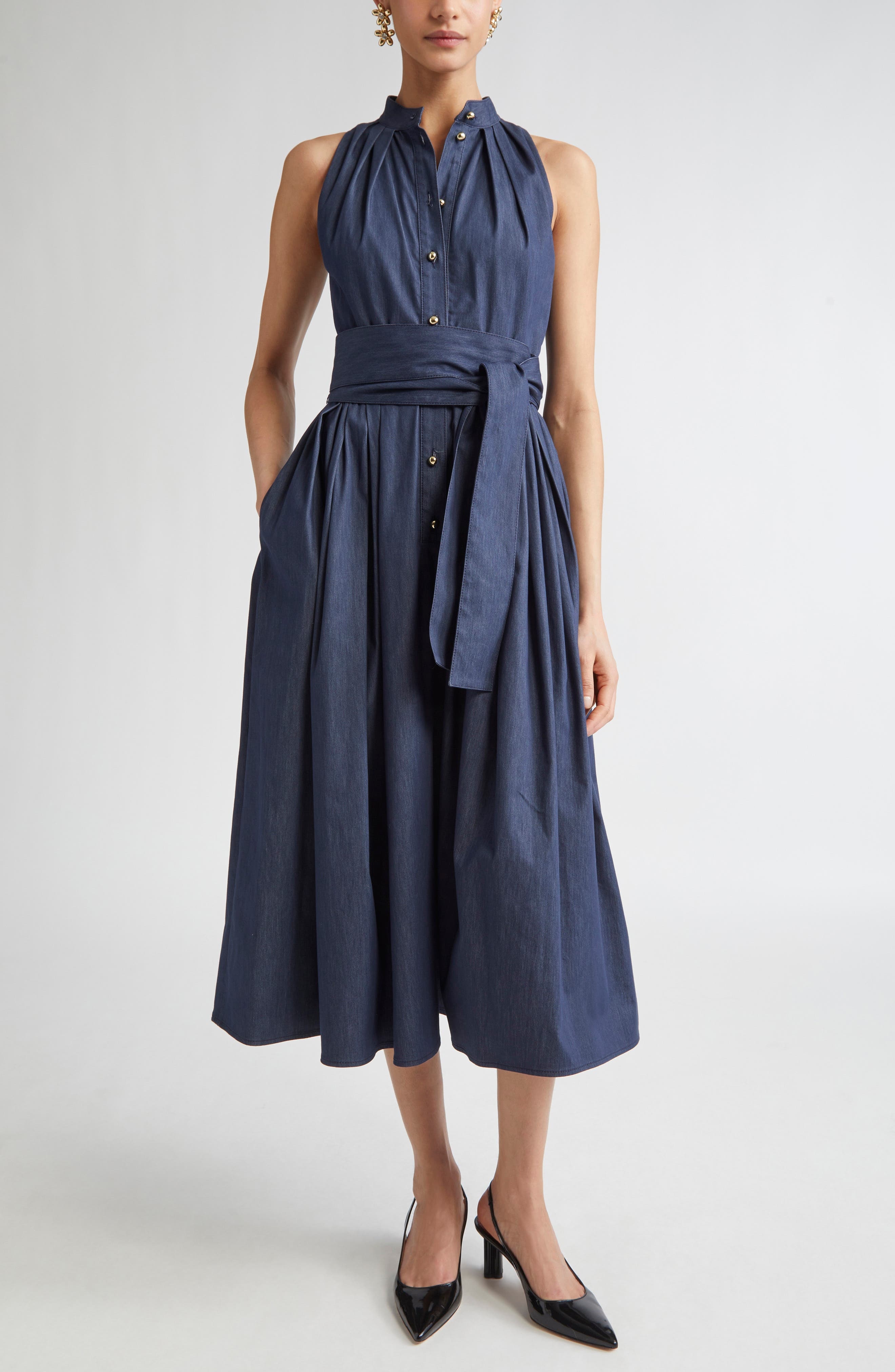 Carolina Herrera Sleeveless Cotton Blend Belted Shirtdress in Dark Navy at Nordstrom - 1