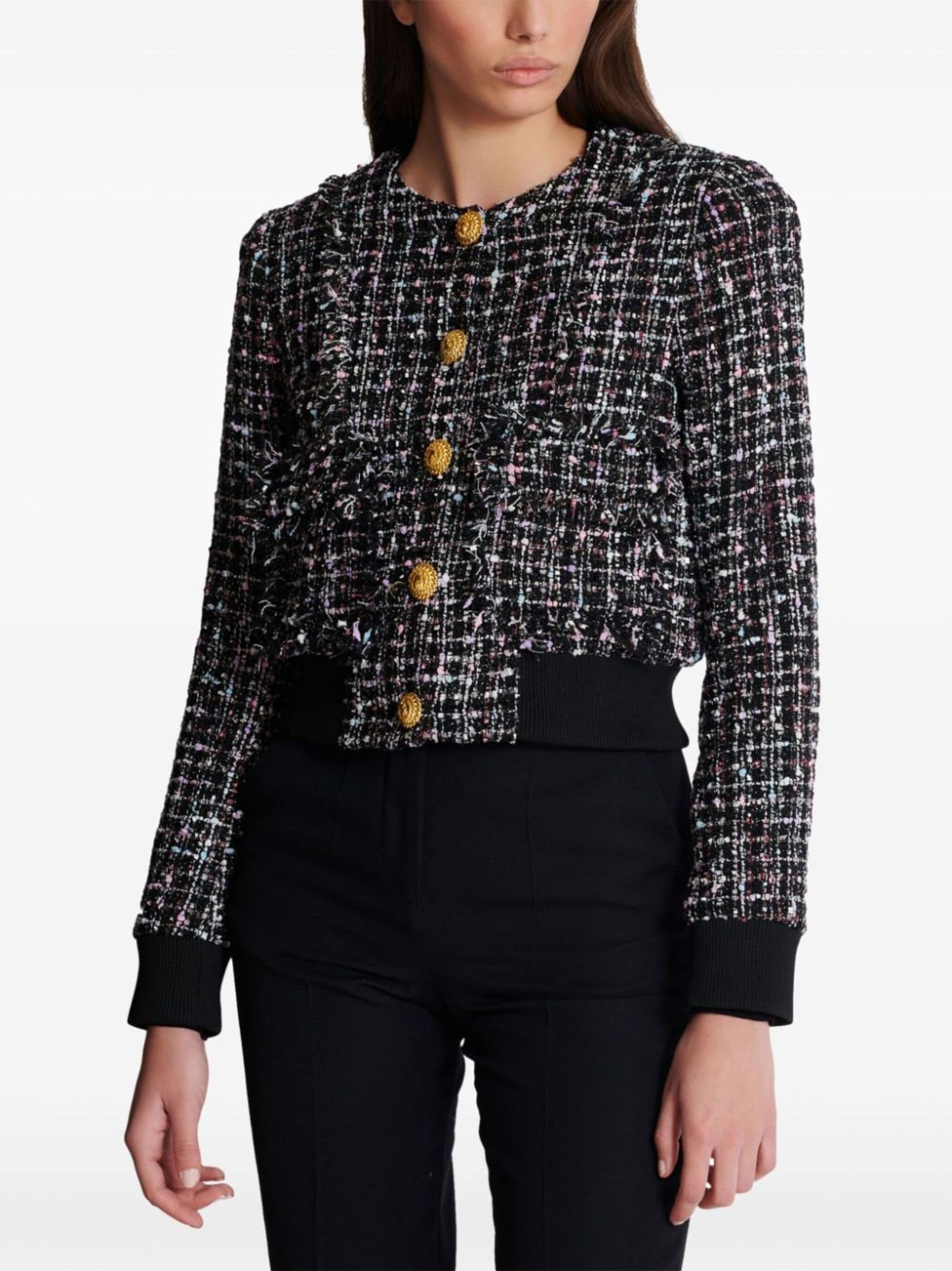 ribbed-hem cropped tweed jacket - 6