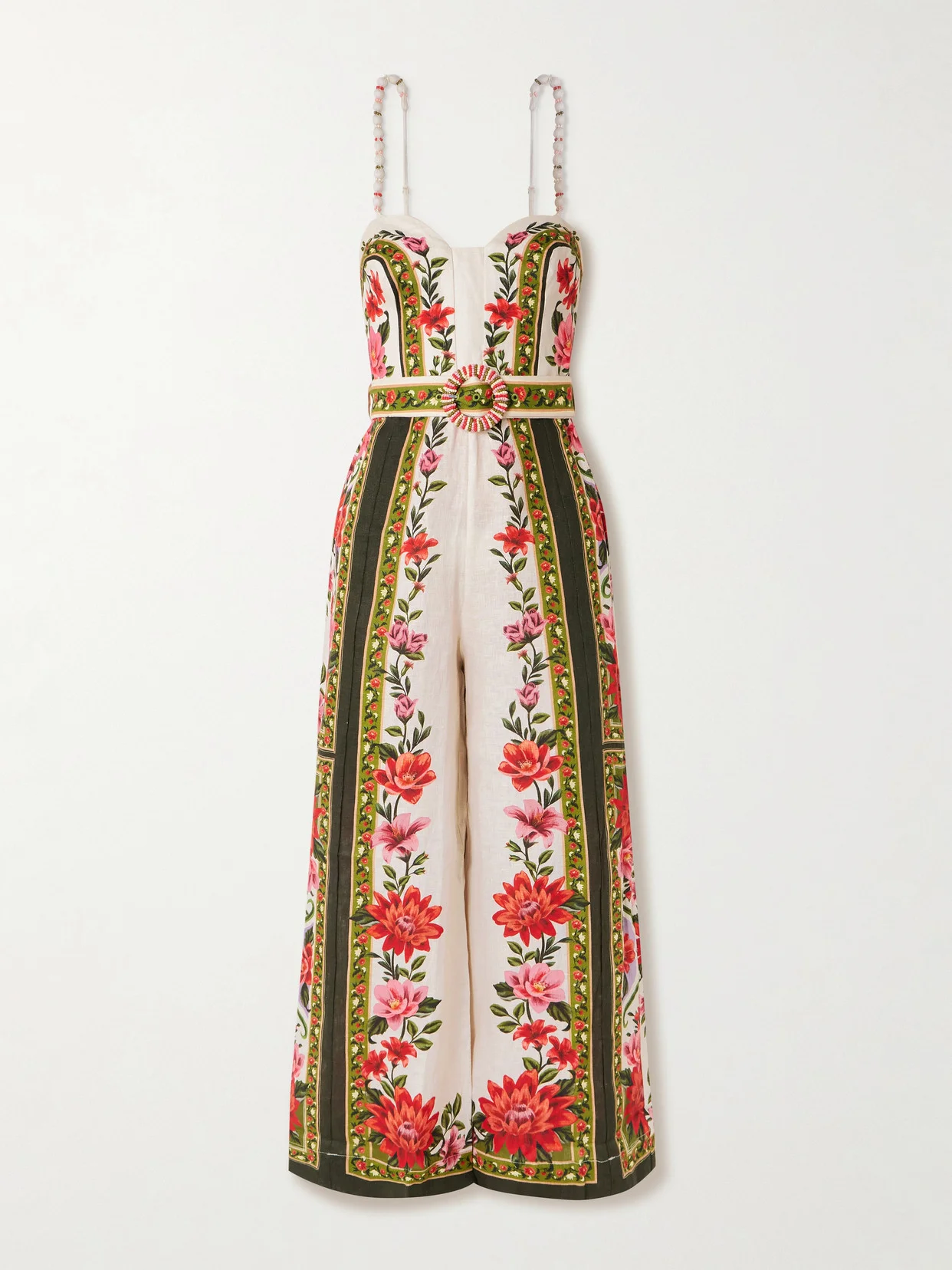 Wonder Rio Belted Embellished Printed Linen Jumpsuit - 1