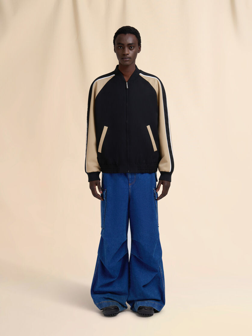 BLACK WOOL COLOUR-BLOCK BOMBER JACKET - 2