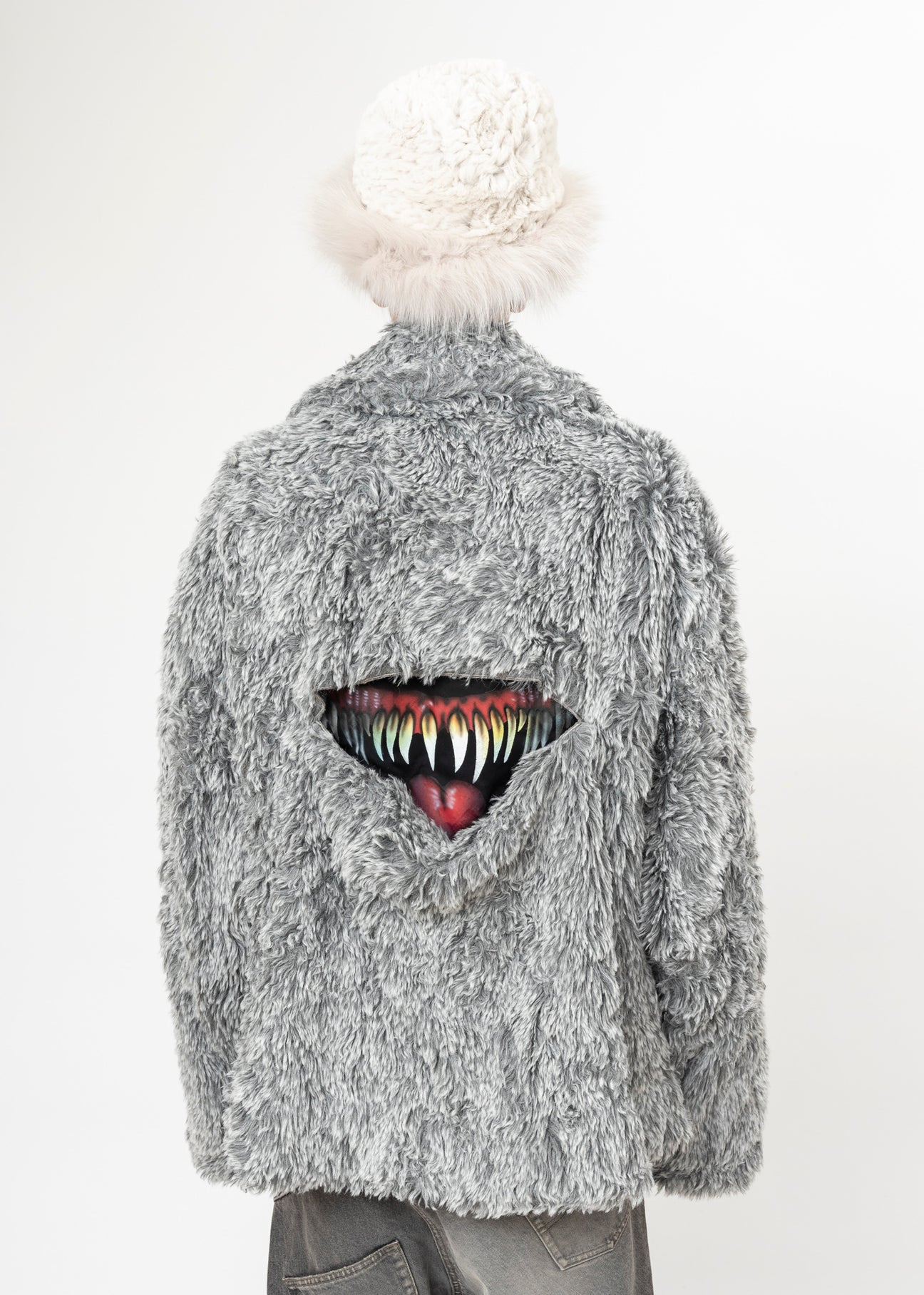 GREY DOUBLET SINISTER MOUTH FAUX FUR JACKET - 3