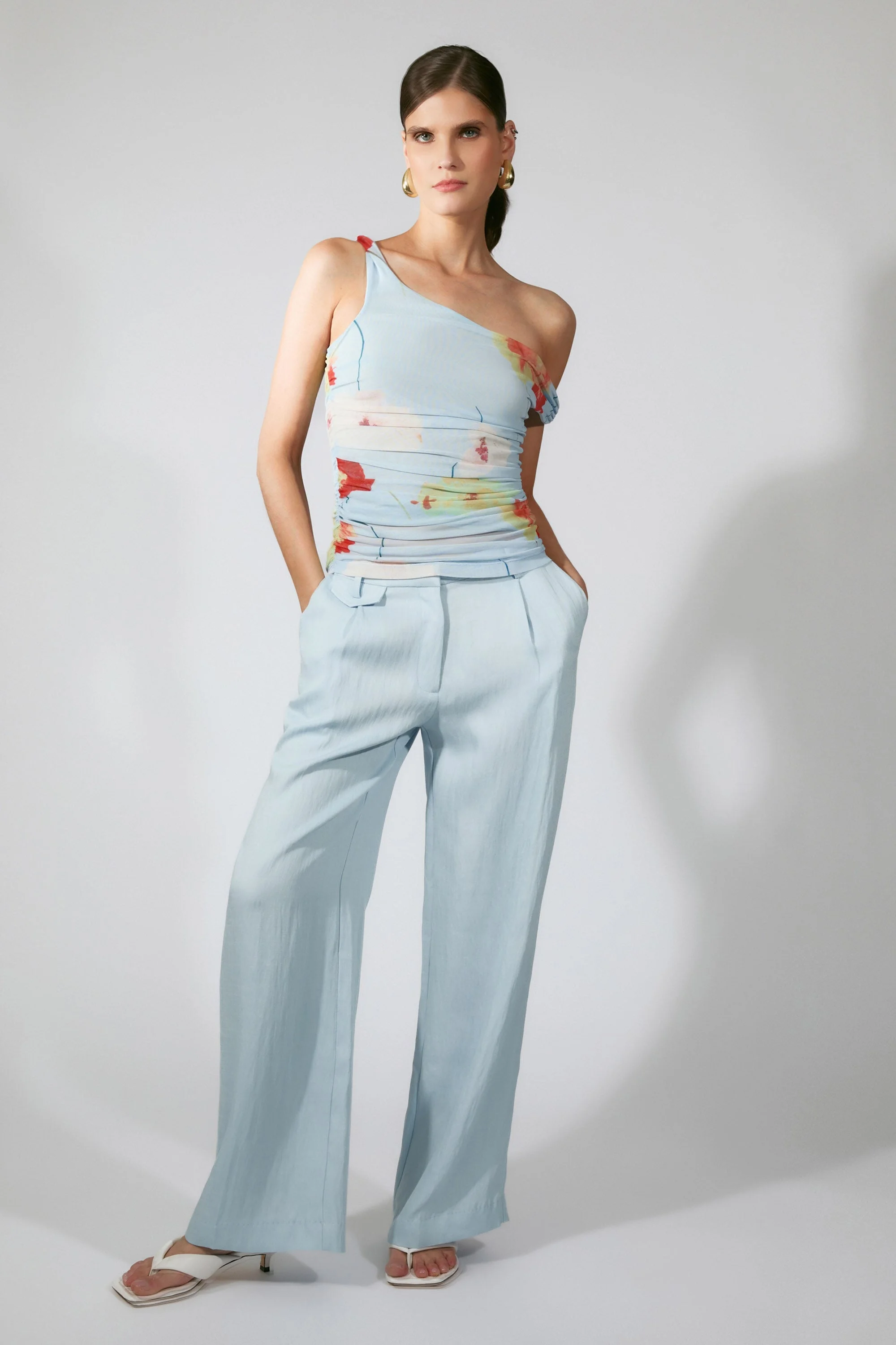 Layana Printed Mesh Asym Top In Baby Blue Floral - 1