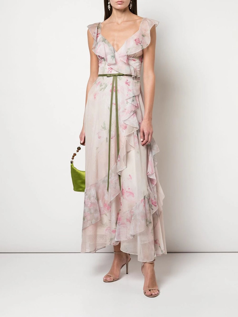 PRINT CHIFFON LACE RUFFLE TEA LENGTH MIDI GOWN 1