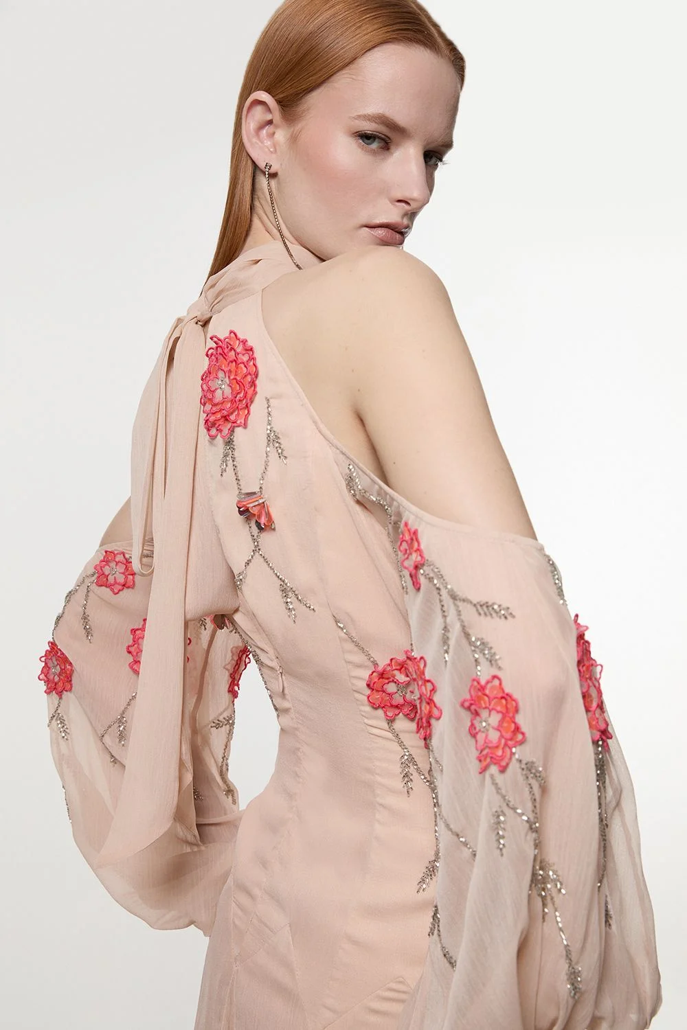 Cold Shoulder 3D Floral Applique Woven Maxi Dress - 1