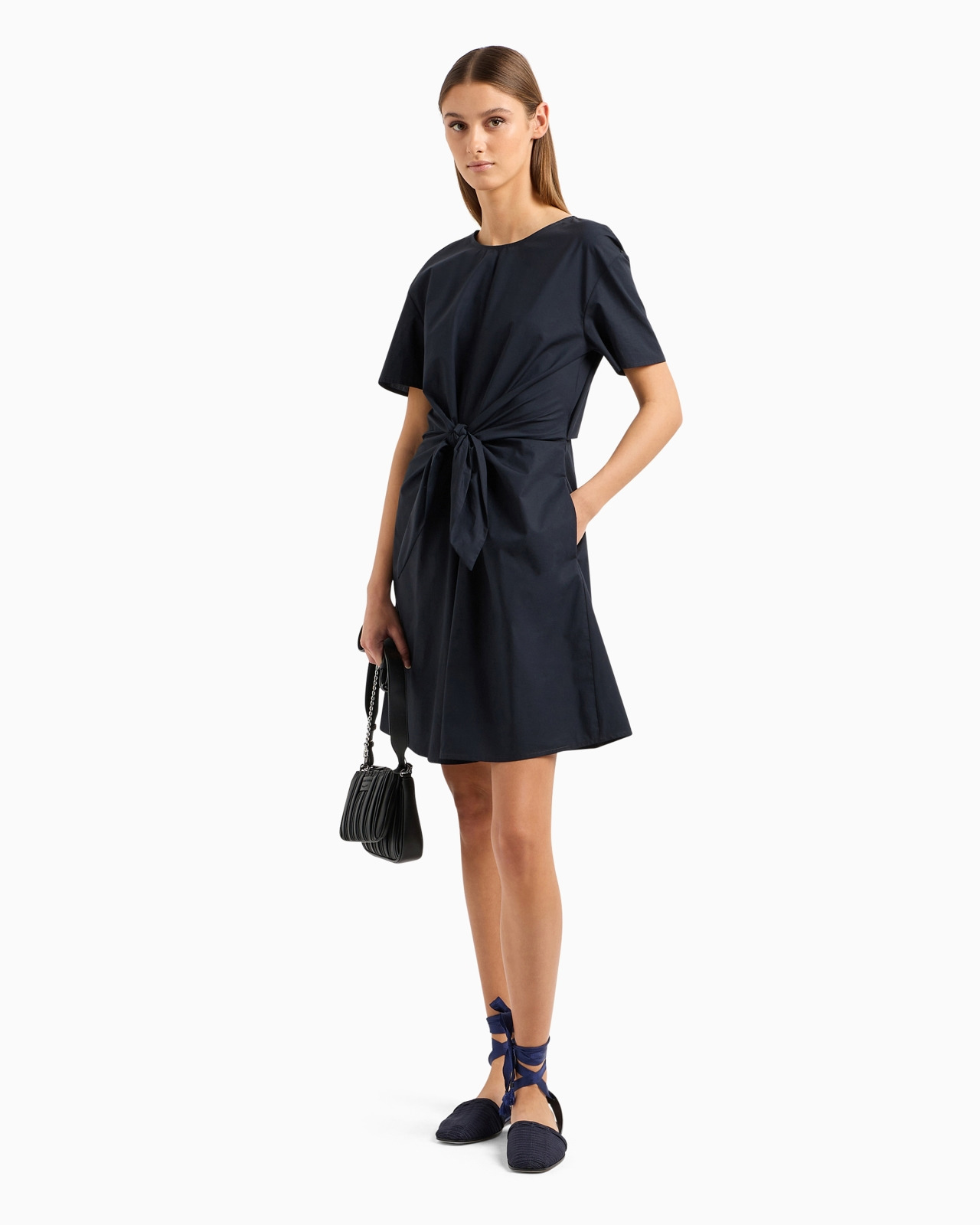 Short-sleeved poplin shirt dress with sash - 4