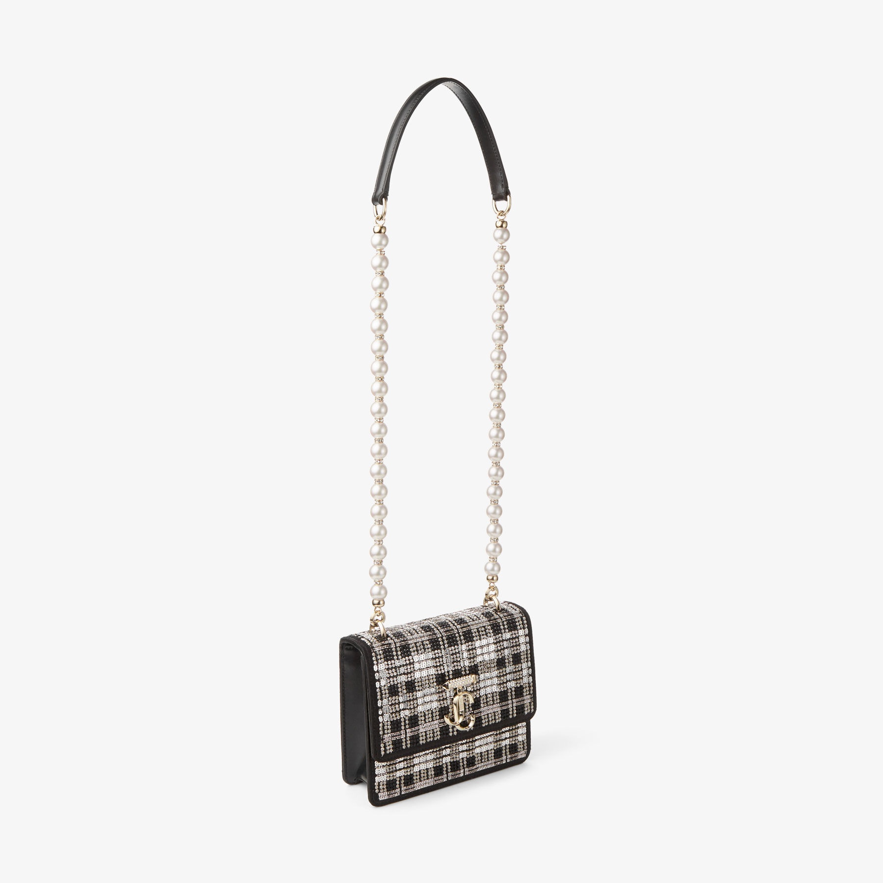 Avenue Quad XS
Black Satin Beaded Tartan Shoulder Bag with Pearl Strap - 8