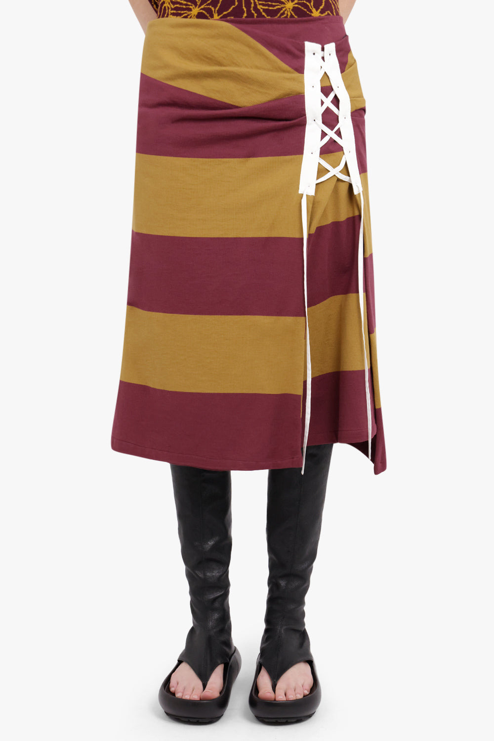 CROSS STITCH TIE SIDE DETAIL STRIPE MIDI SKIRT | MUSTARD - 3