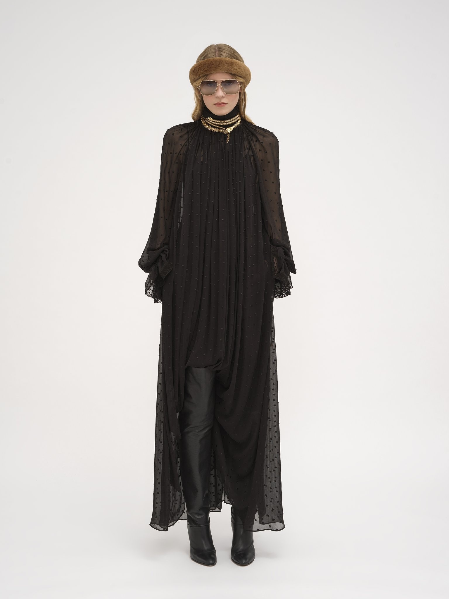 GATHERED LONG DRESS IN SILK GEORGETTE PLUMETIS - 3