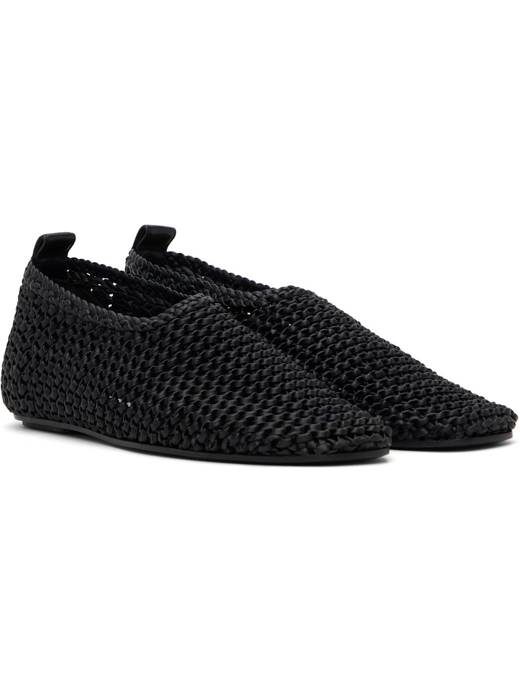 Black Woven Leather Ballerina Flats - 4