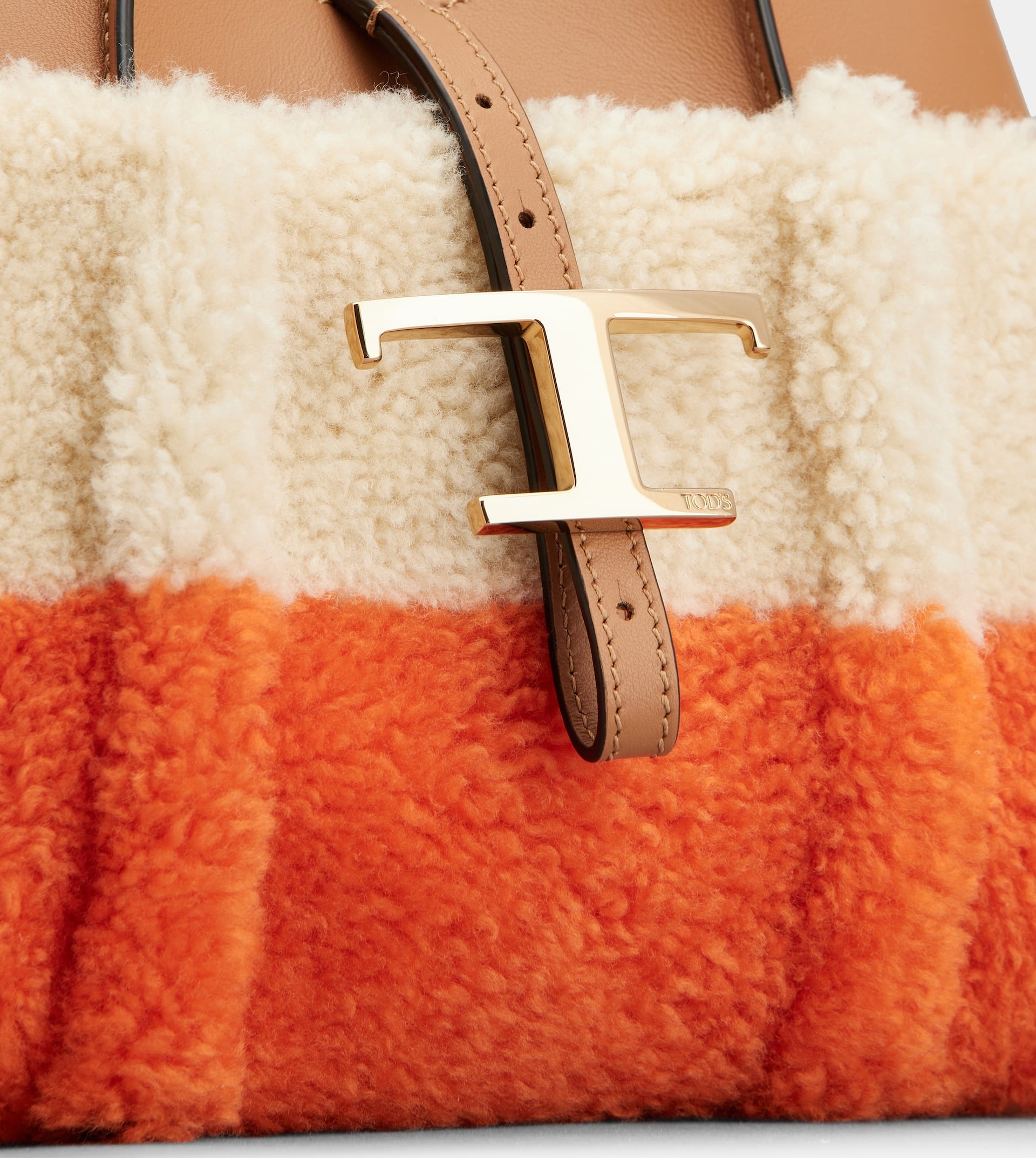 T TIMELESS SHOPPING BAG IN LEATHER AND SHEEPSKIN MINI - ORANGE, OFF WHITE, BROWN - 7