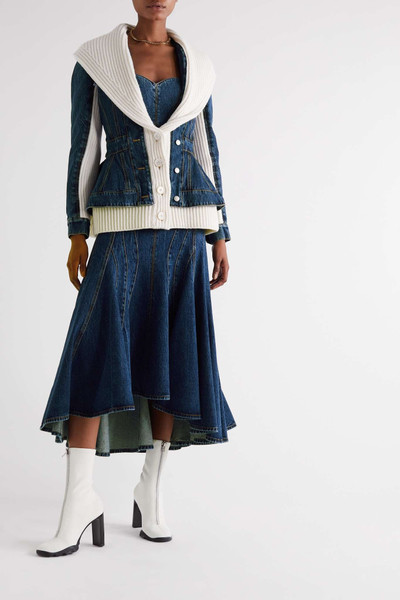 Alexander McQueen Paneled denim and ribbed wool peplum jacket outlook