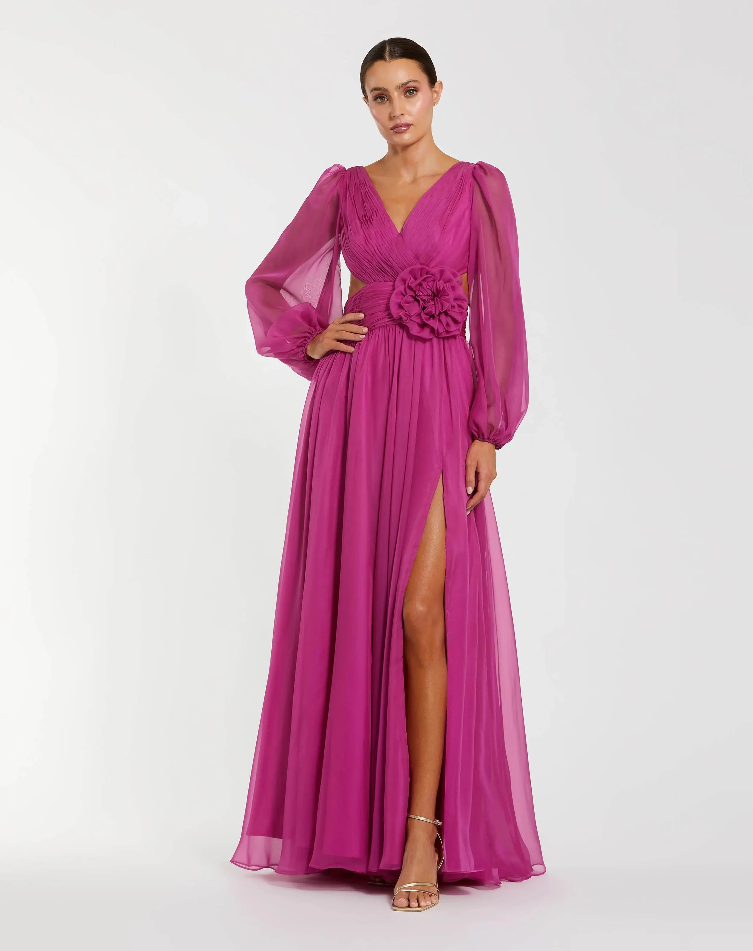 Pink Long Sleeve V-Neck Chiffon Gown With 3D Flower - 1
