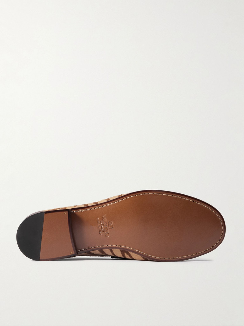 Valentino Logo-Embellished Leather-Trimmed Tiger-Print Calf Hair Loafers Brown outlook