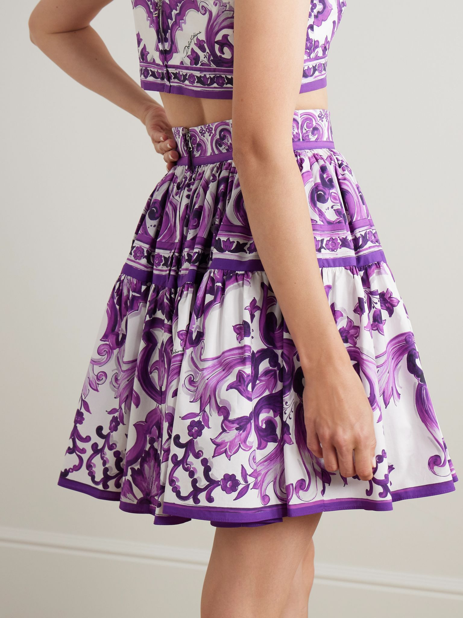 Printed gathered cotton-poplin mini skirt Purple - 3