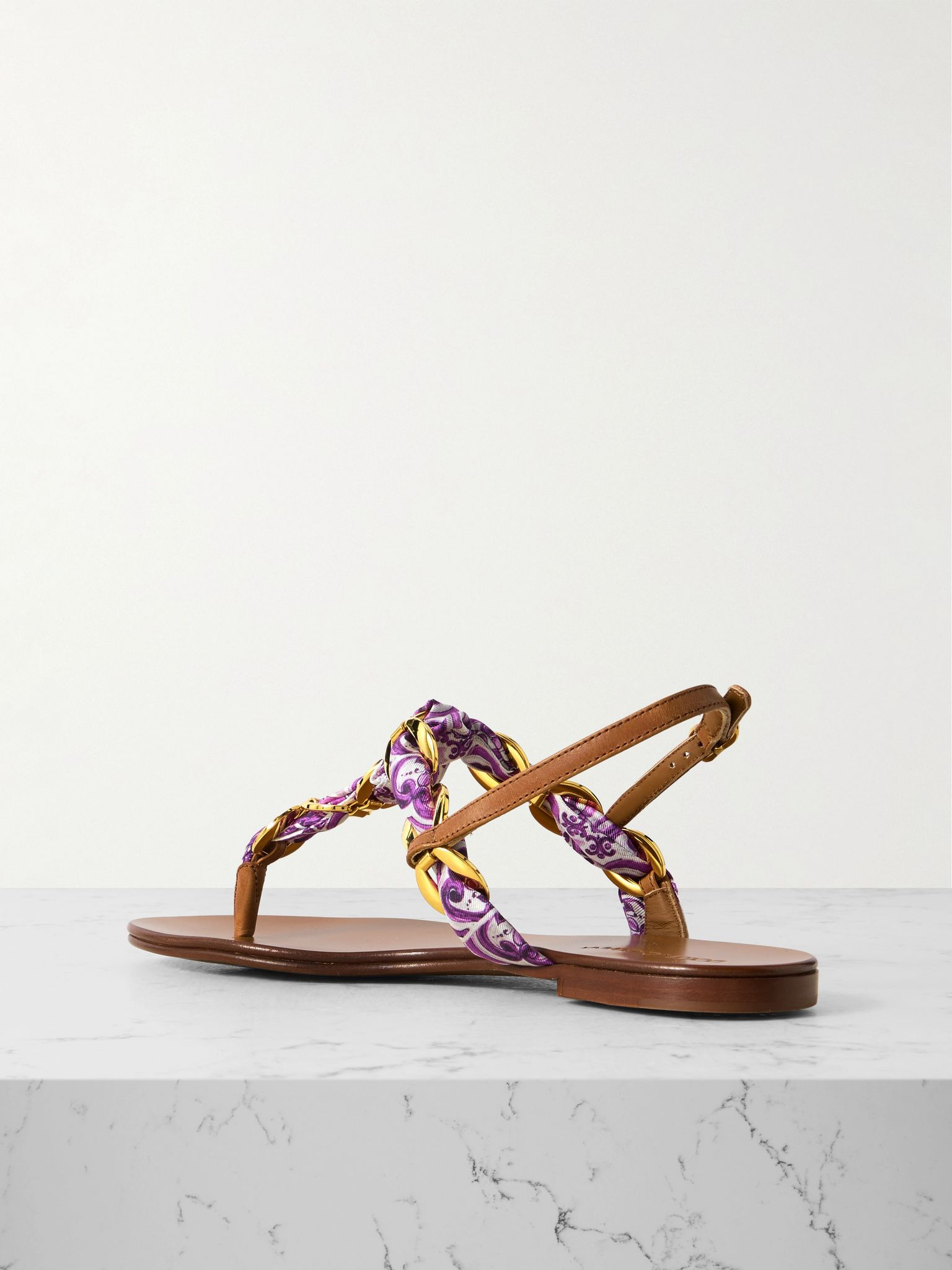 Leather-trimmed chain-embellished printed satin-twill sandals Purple - 3