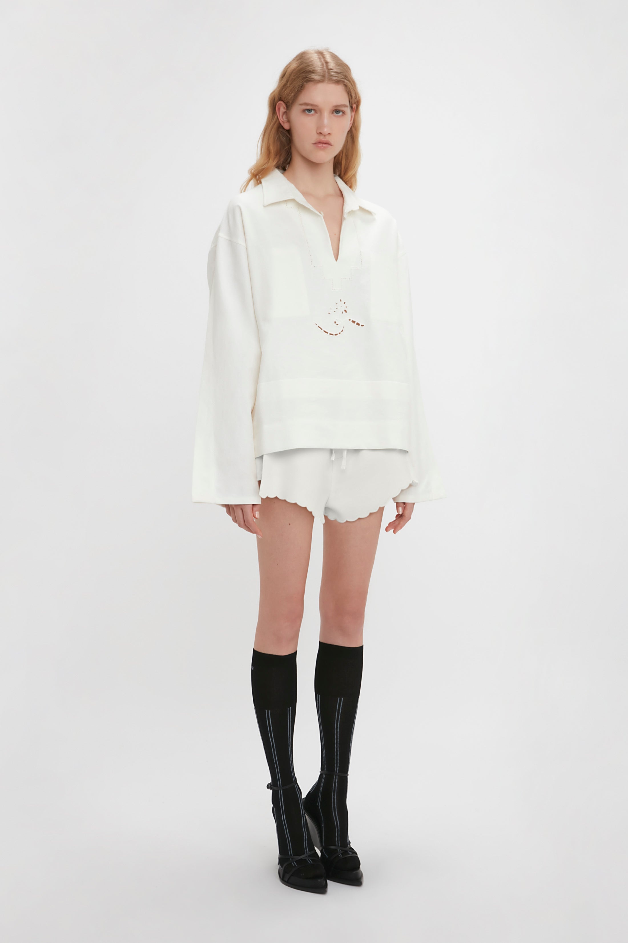 Drawstring Embroidered Mini Short In Antique White - 5