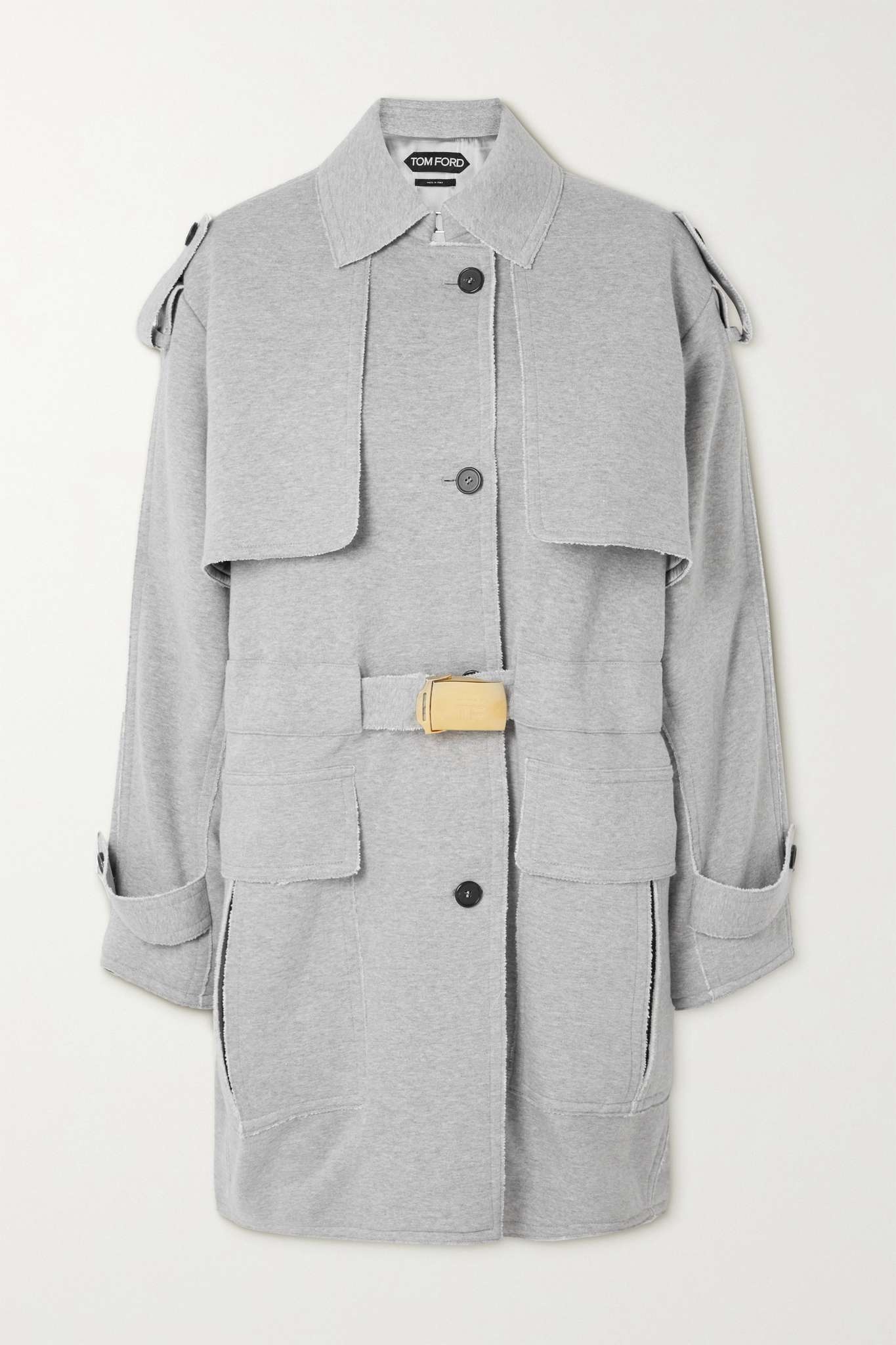 Belted frayed cotton-jersey trench coat - 1