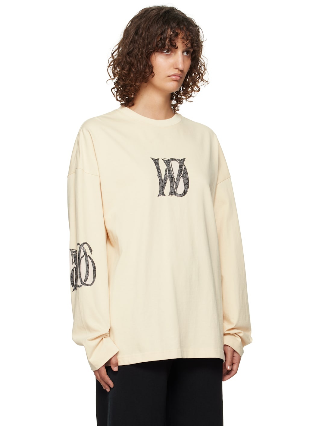 Beige Letter Logo Print Long-Sleeved T-shirt - 2