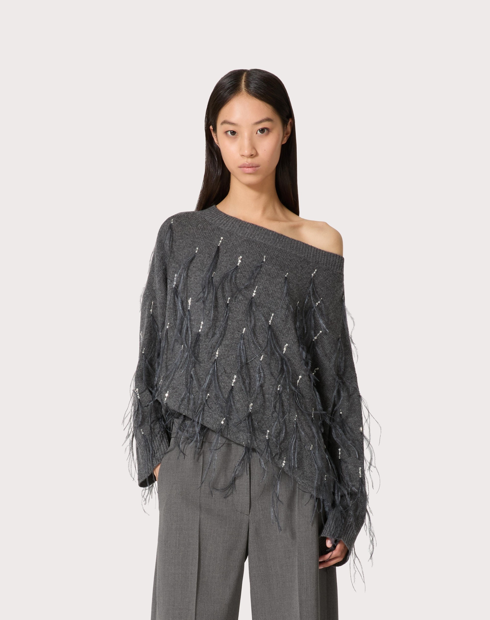 EMBROIDERED WOOL SWEATER WITH FEATHERS - 3
