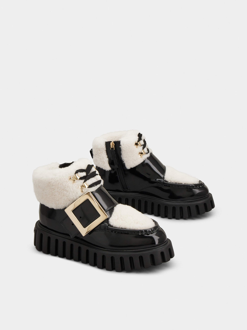 Viv' Go-Thick Metal Buckle Fur Ankle Boots in Patent Leather 3