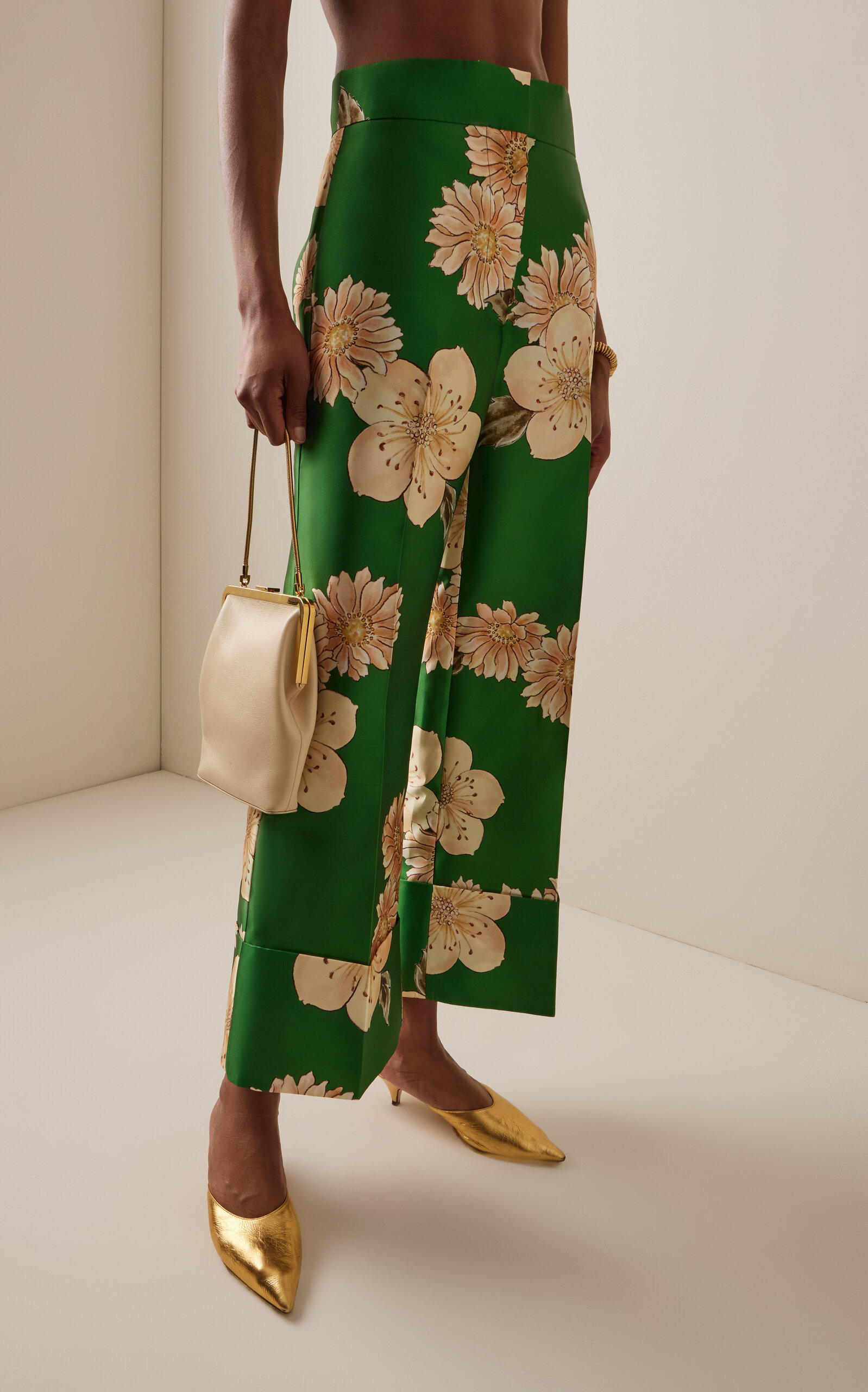 Sage Printed Satin Flared Pants green - 3